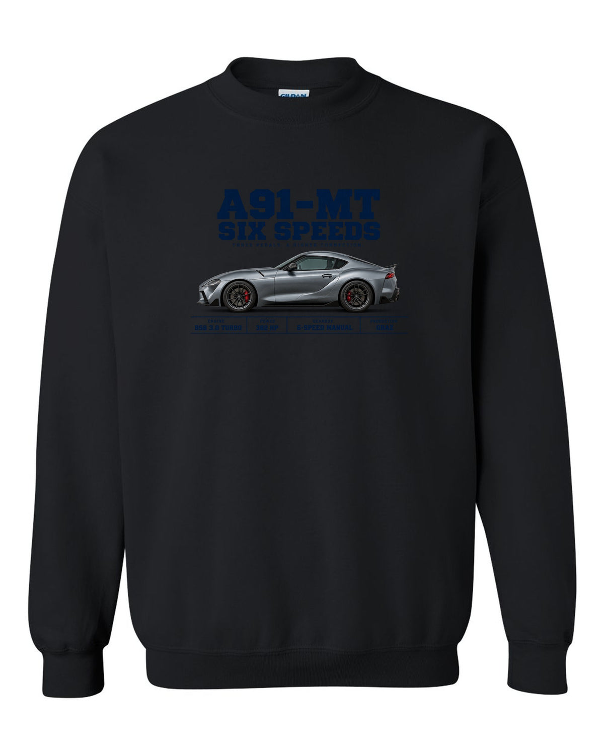 Signal red Toyota GR Supra A91-MT shown in three views with spec table black crewneck front view with the design