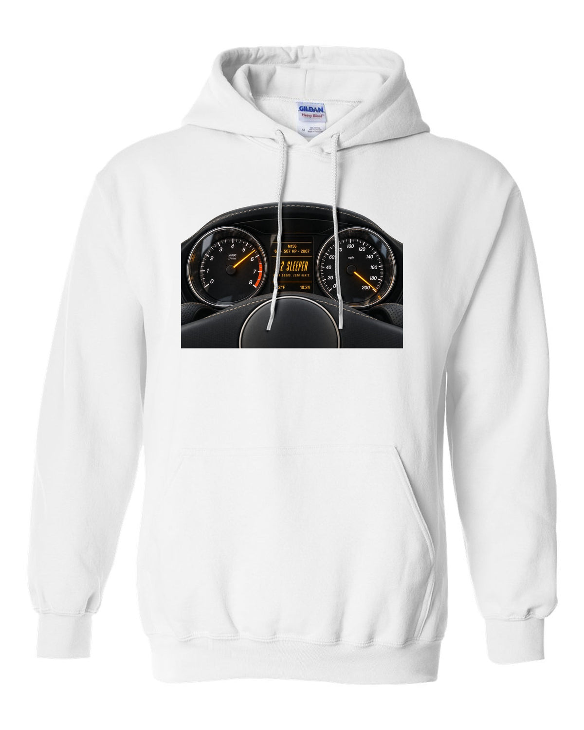 print cockpit gauge of a Mercedes W211 E63 M156 with text 507 HP, 2007, 6.2 sleeper white pull over hoodie front view with the design