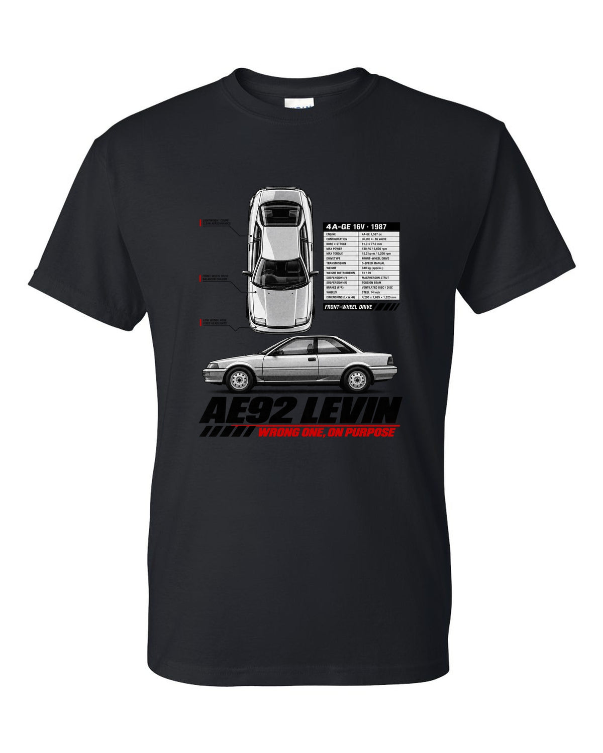 Spec poster print of a Toyota Corolla Levin AE92 with 4A-GE 16V and front-wheel drive text black t-shirt front view with the design