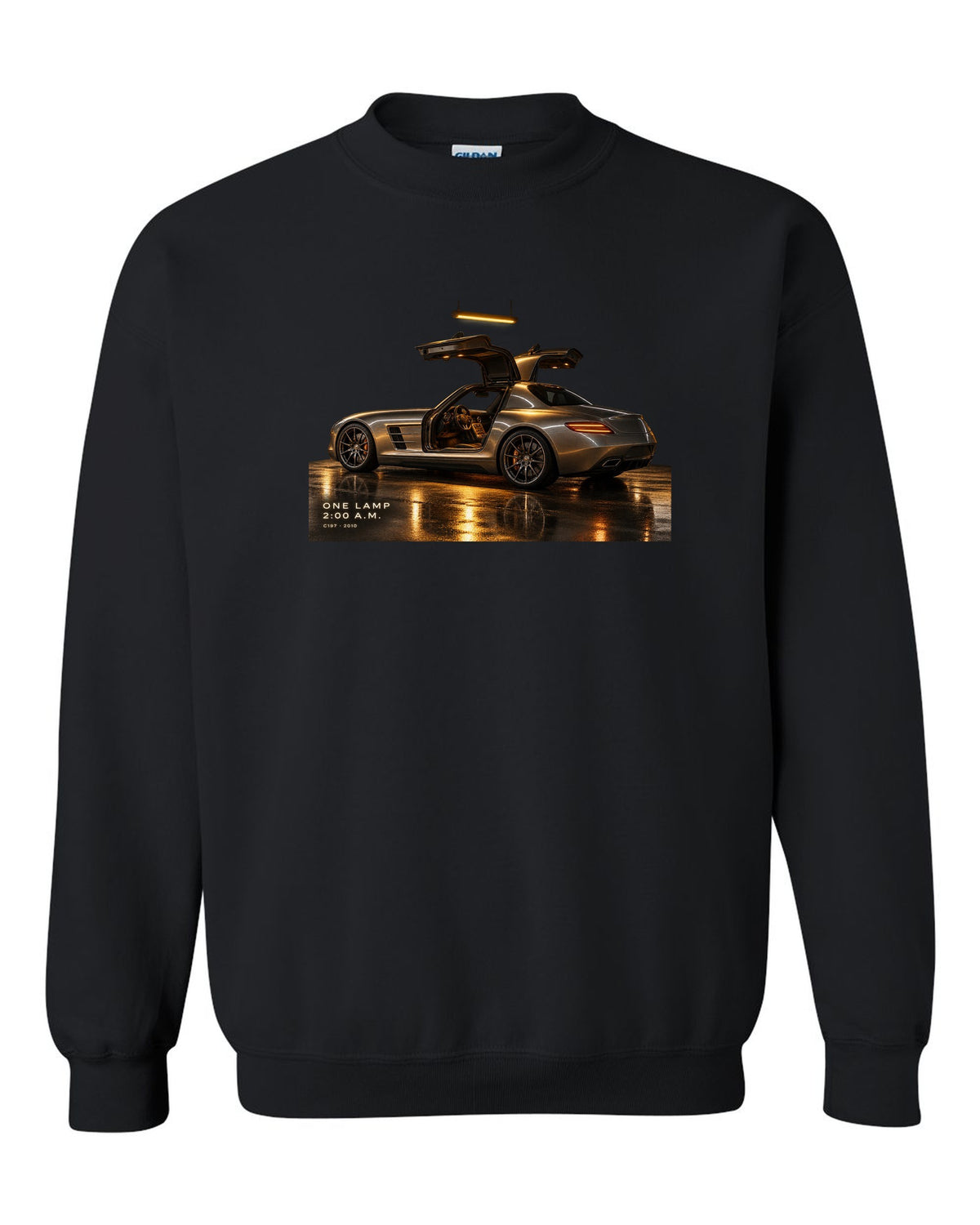 Garage night print of a Mercedes SLS AMG C197 under one lamp with 2:00 A.M. lettering black crewneck front view with the design