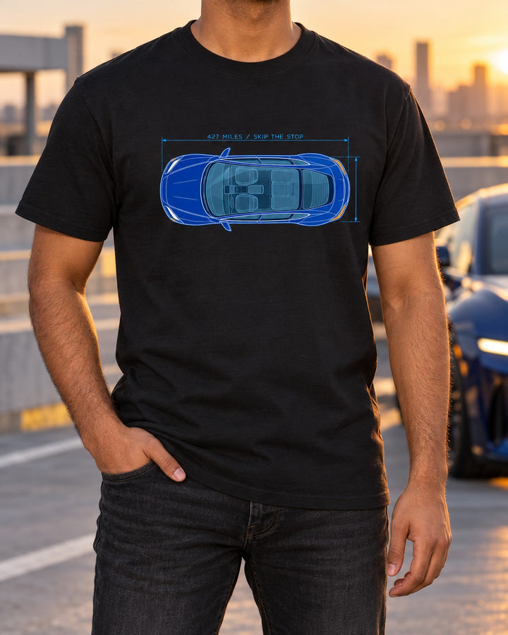 Lucid Air Sapphire Cyan Blueprint Shirt, Range Joke Tee T-Shirt Black worn hero