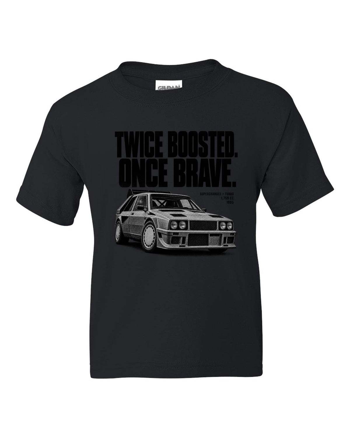 Halftone print of a Lancia Delta S4 with supercharged and turbo lettering black kids tee front view with the design