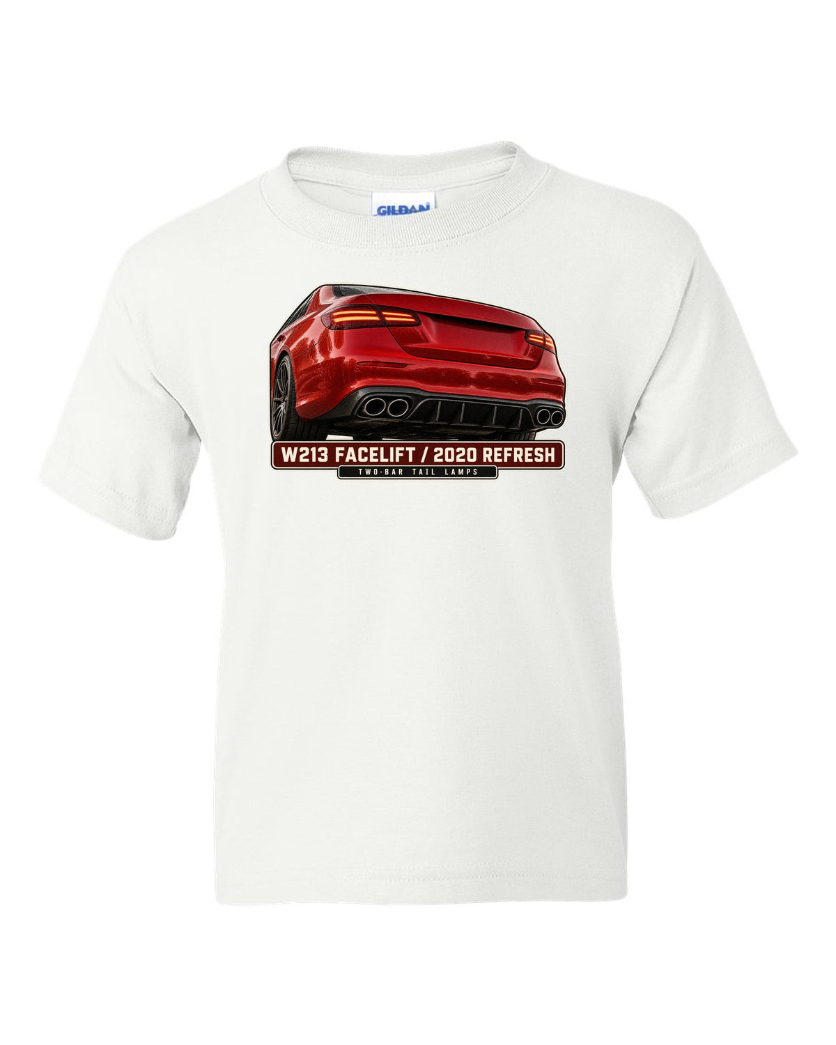 Tail lamp macro print of a red-orange Mercedes-AMG E63 S W213 facelift white kids tee front view with the design