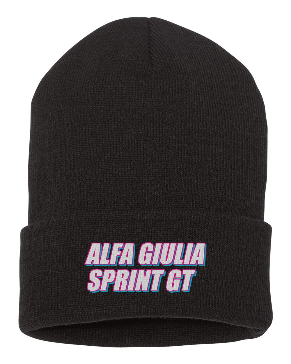 Alfa Giulia Sprint Gt black beanie front view with car name