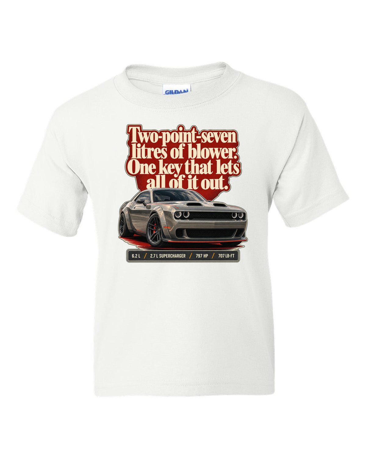 Dodge Challenger SRT Hellcat Redeye Widebody editorial headline print white kids tee front view with the design