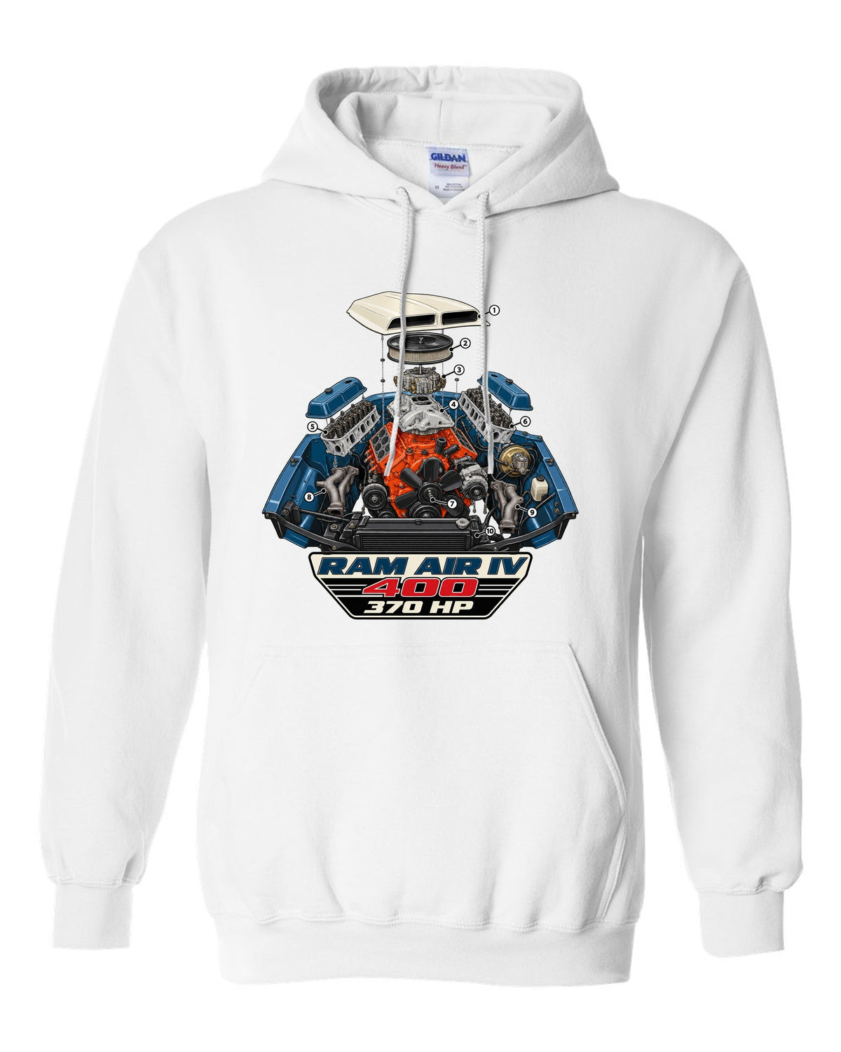 1969 Pontiac GTO Ram Air IV exploded engine bay diagram with 400 and 370 HP text white pull over hoodie front view with the design