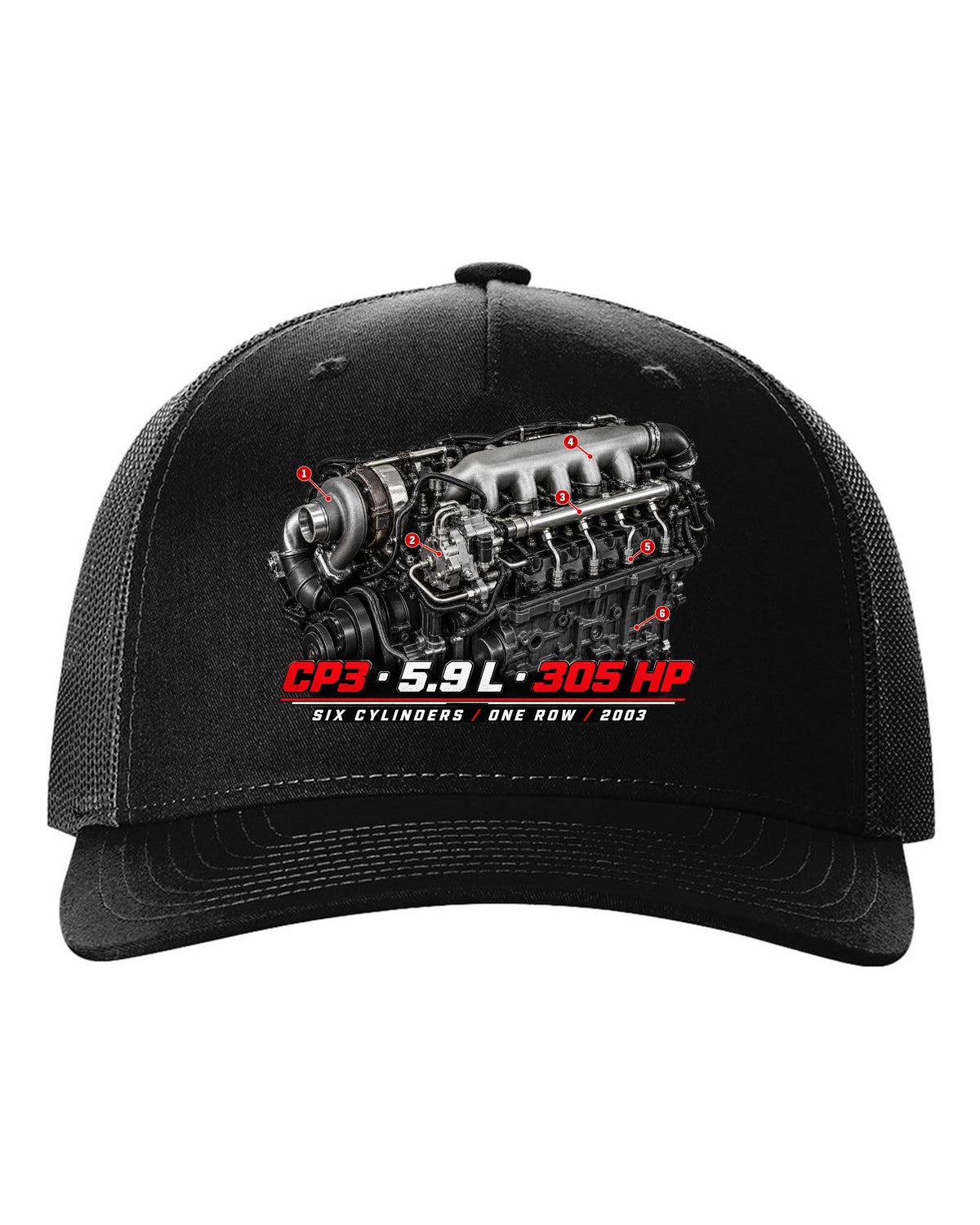 Engine hero print of a 5.9 L inline-six common rail turbo diesel with CP3, 5.9 L, 305 HP black hat front view with the design