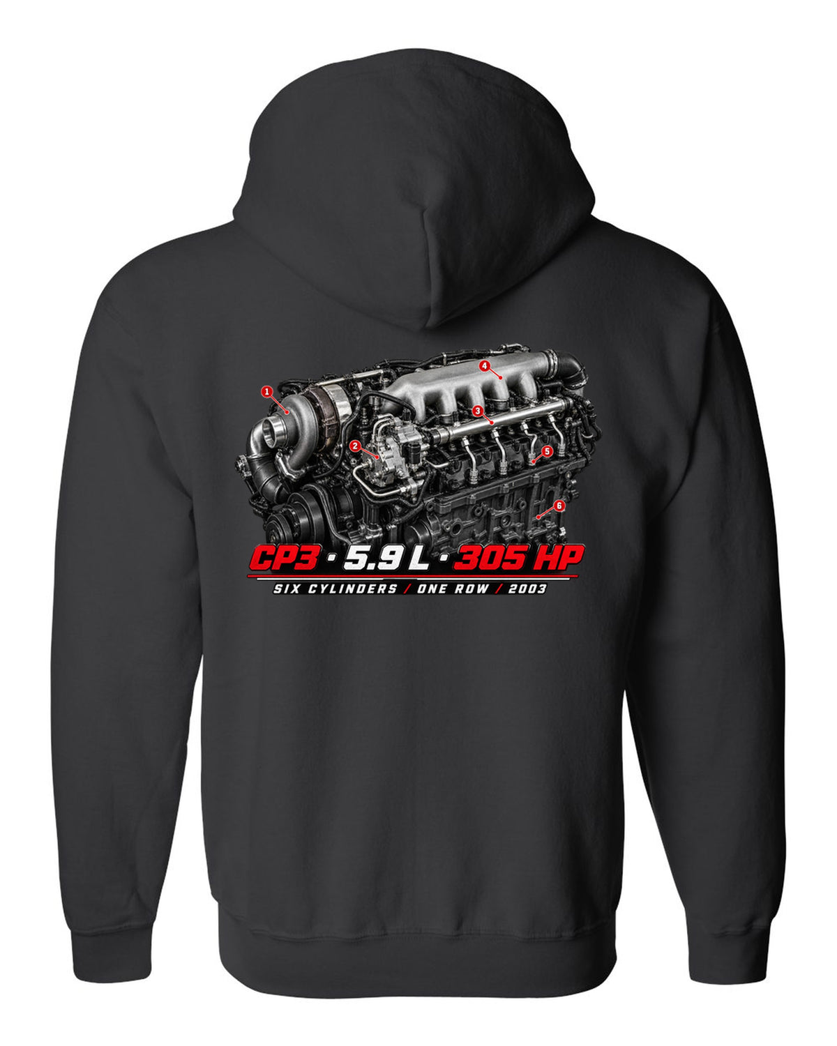 Engine hero print of a 5.9 L inline-six common rail turbo diesel with CP3, 5.9 L, 305 HP black zip hoodie back view with the design