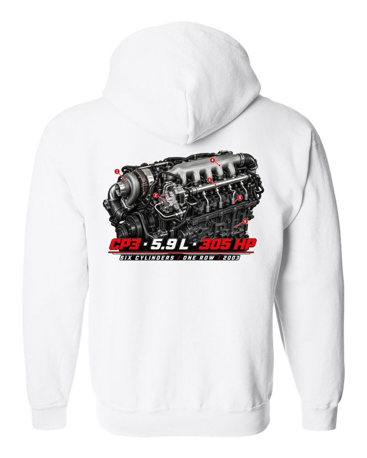 Engine hero print of a 5.9 L inline-six common rail turbo diesel with CP3, 5.9 L, 305 HP white zip hoodie back view with the design