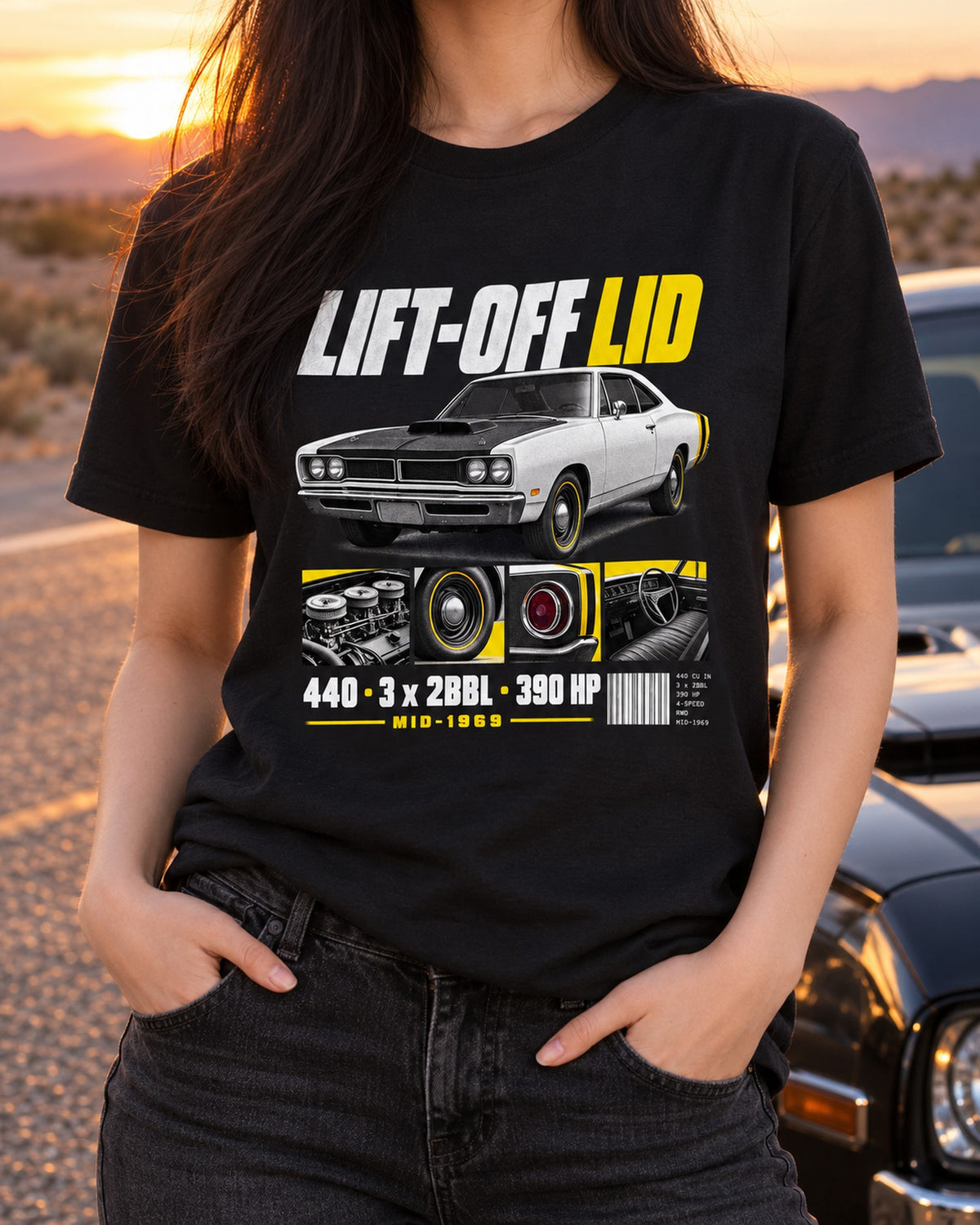 1969 Coronet Super Bee A12 Lift-Off Lid Dossier Tee T-Shirt Black worn hero