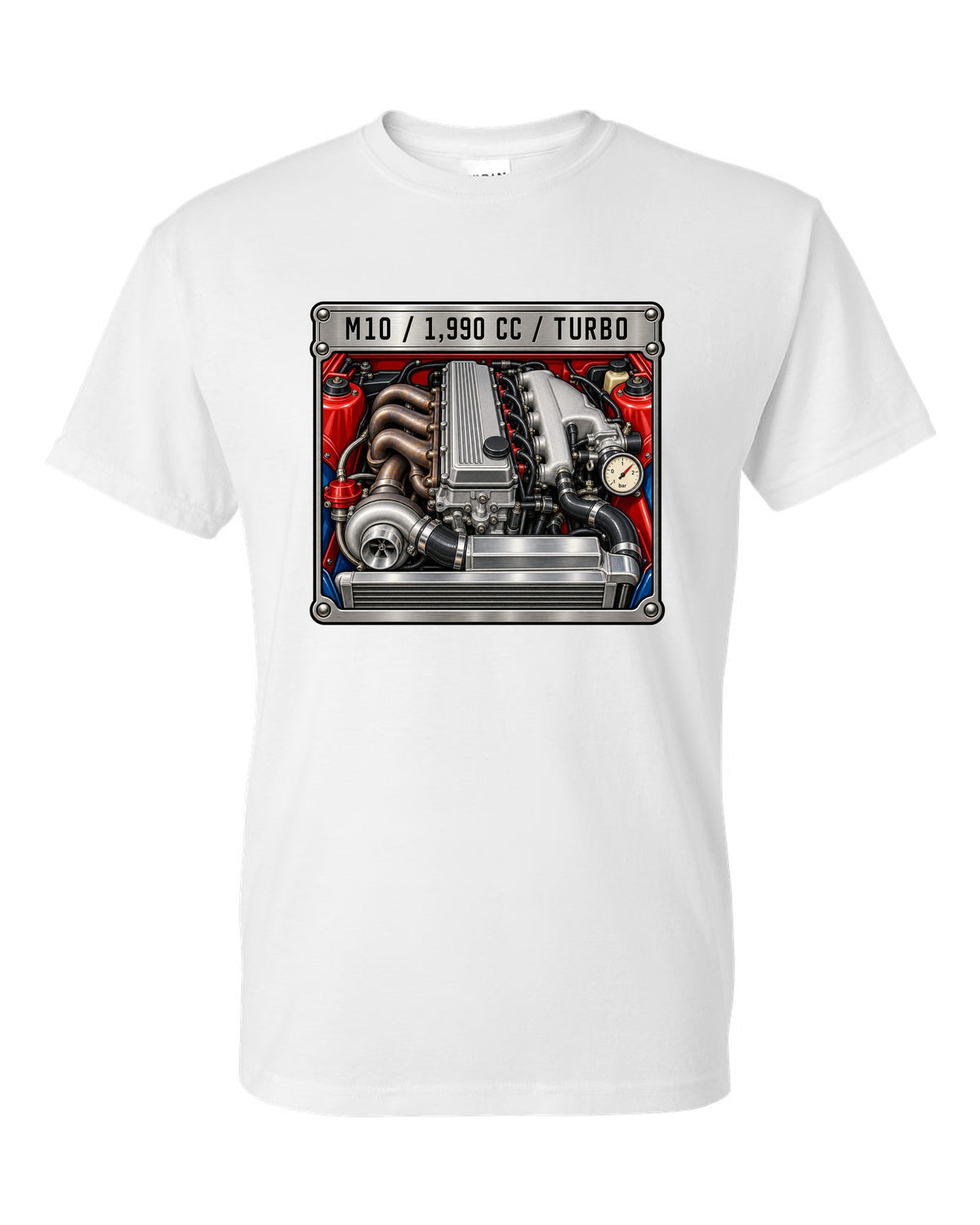 BMW 2002 turbo M10 engine spec data plate print with 1,990 cc text white t-shirt front view with the design