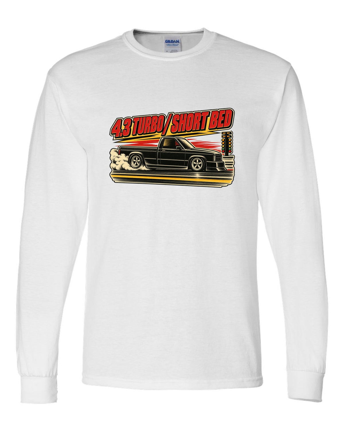 1960s lithograph drag race poster featuring a 1991 GMC Syclone with 4.3 TURBO / SHORT BED text white long sleeve front view with the design