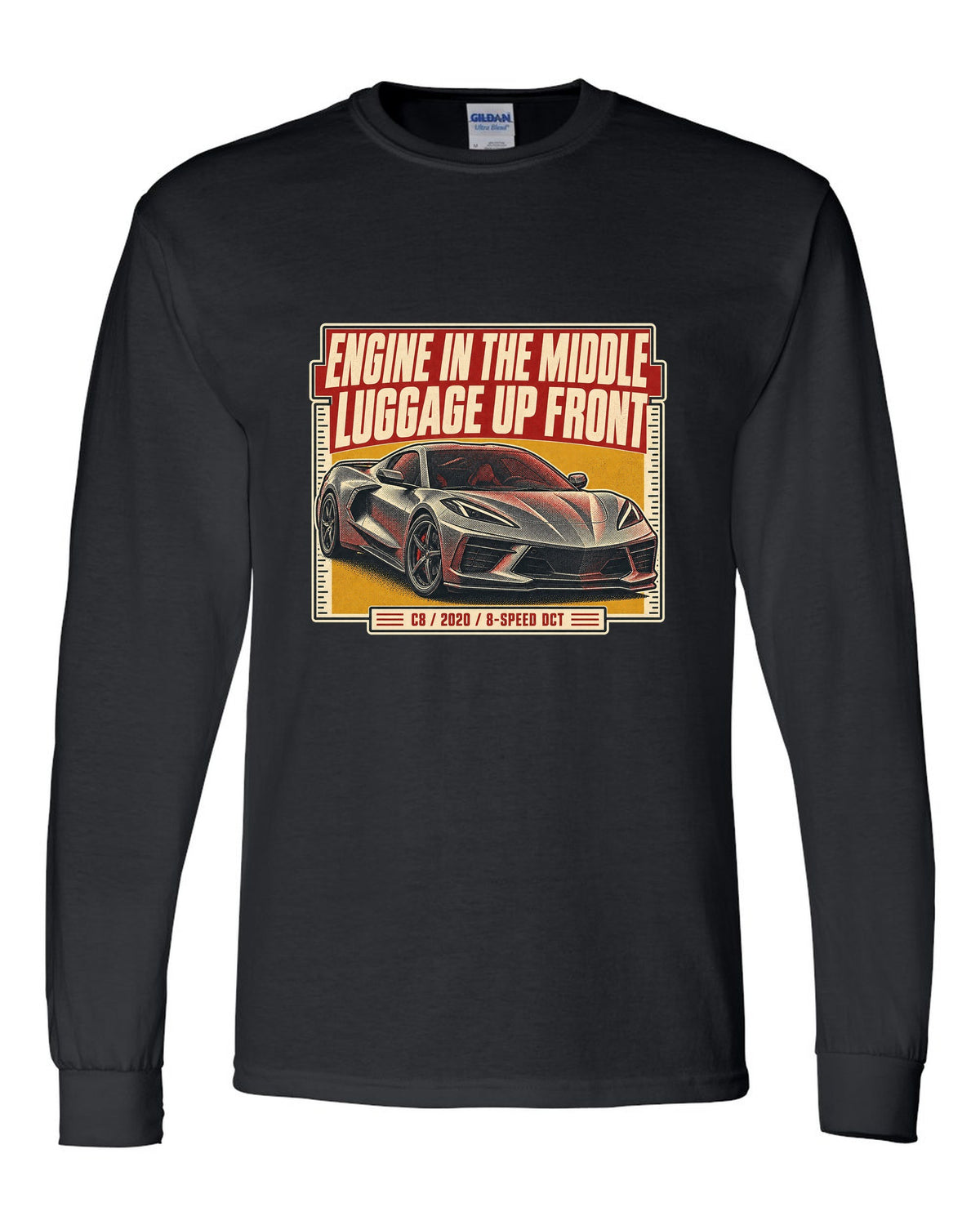Halftone print of a Chevrolet Corvette C8 Stingray with engine in the middle text black long sleeve front view with the design