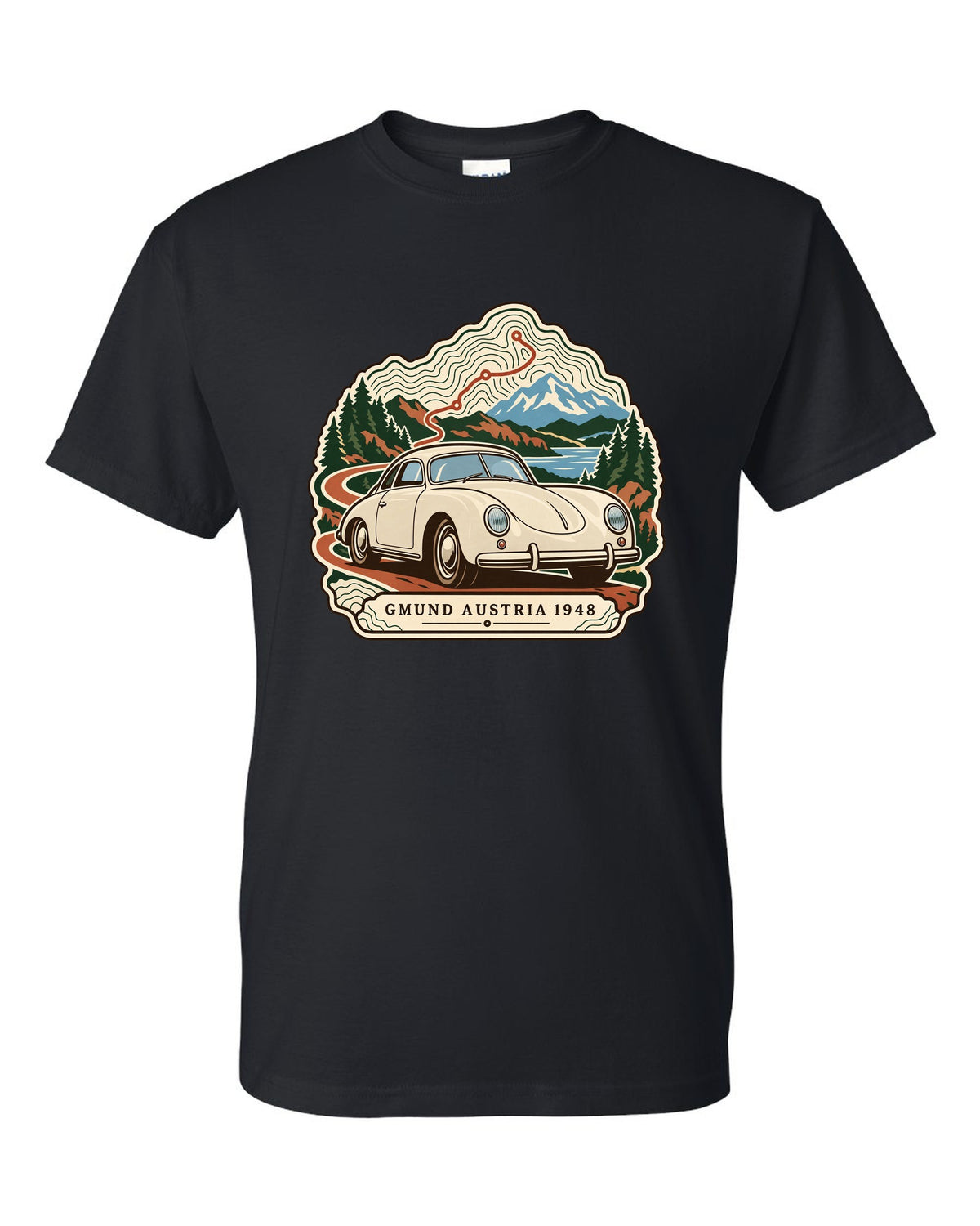 Topographic contour map design marking Gmund Austria 1948 for the Porsche 356 black t-shirt front view with the design