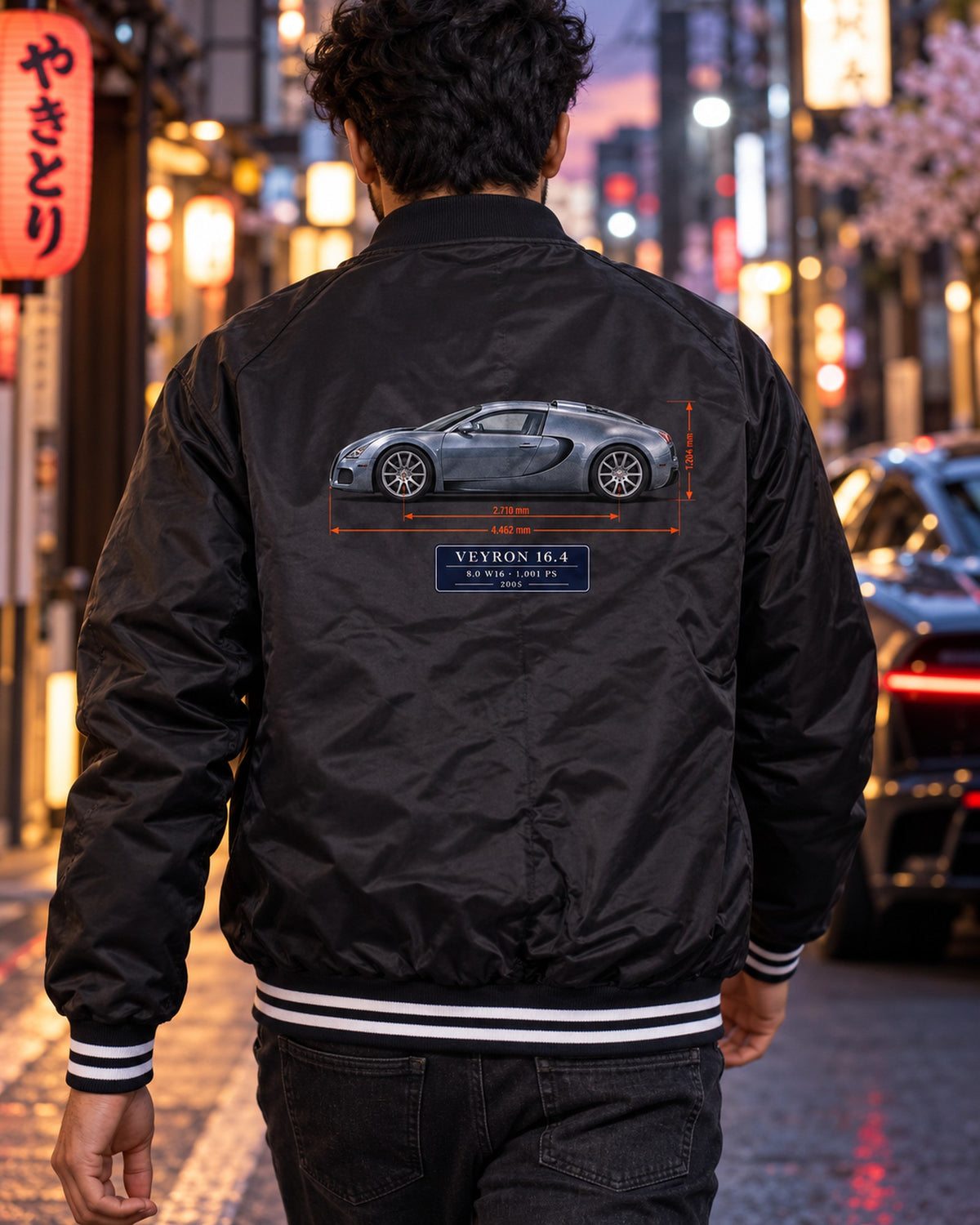 Bugatti Veyron 16.4 Dimension Blueprint Shirt, 8.0 W16 Tee Bomber Jacket Black worn hero