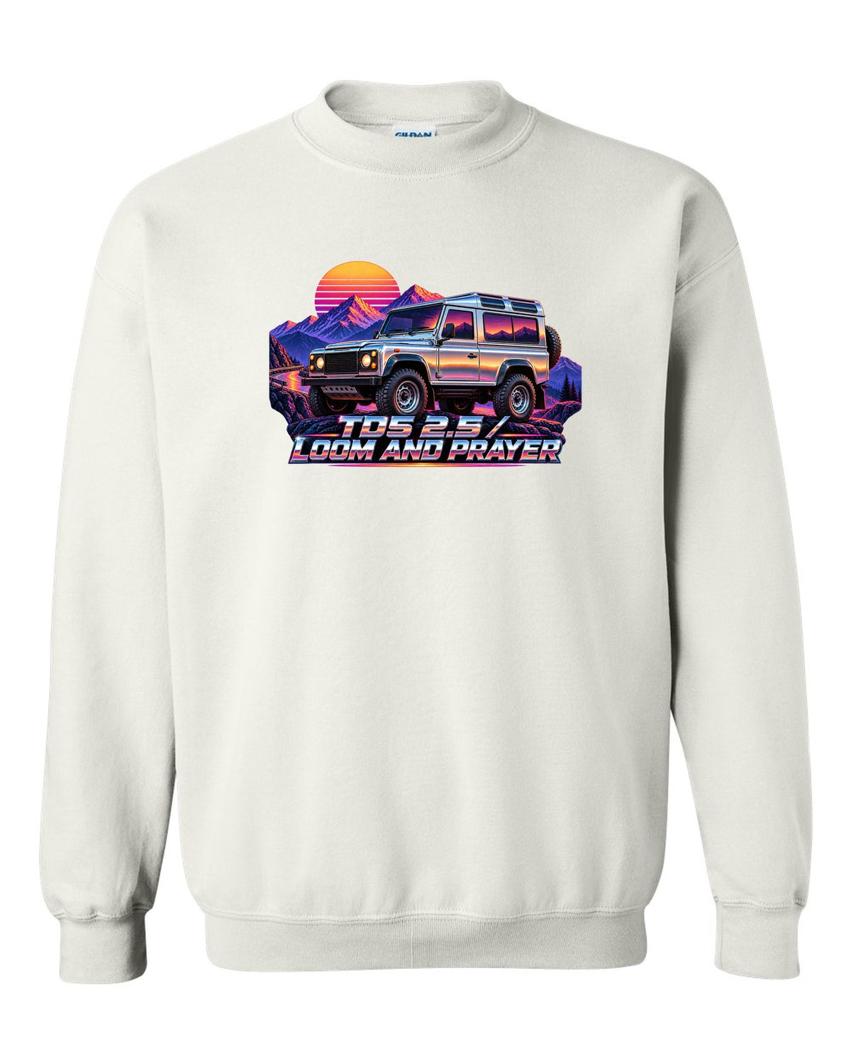 80s airbrush chrome art of a Land Rover Defender 110 Td5 on a sunset mountain pass white crewneck front view with the design