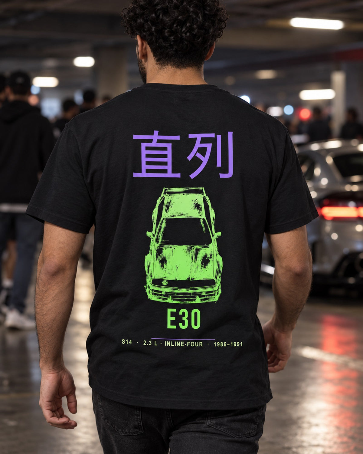 E30 S14 Full-Back Graphic Tee T-Shirt Black worn hero