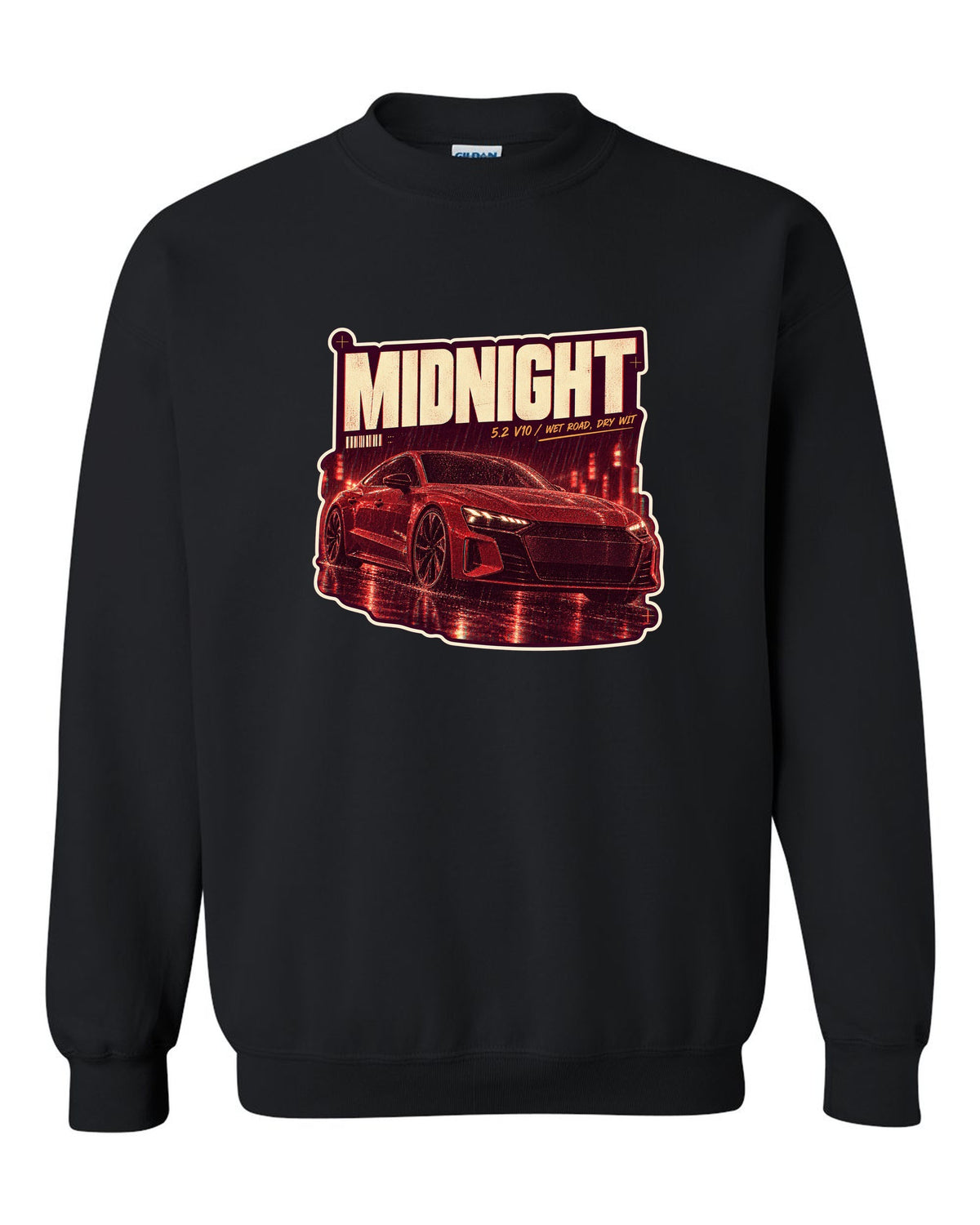 Audi R8 V10 performance on a wet night street print design black crewneck front view with the design