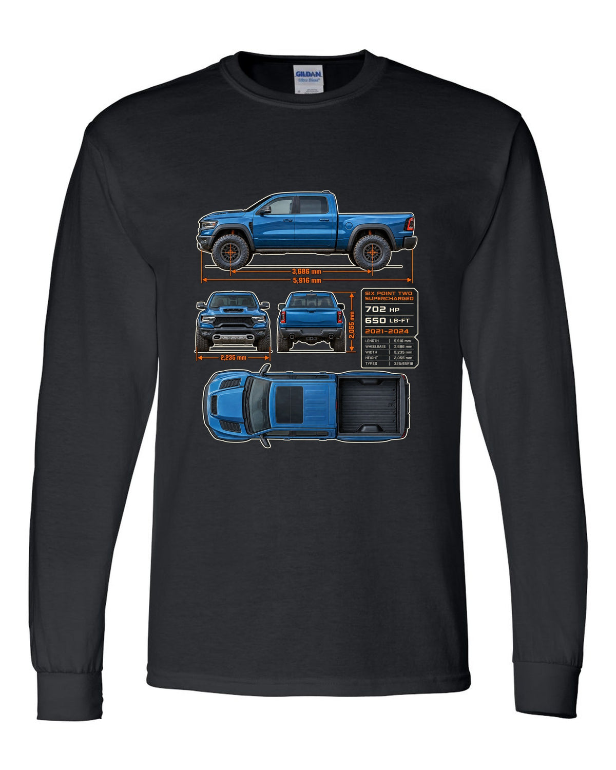 Ram 1500 TRX 2021-2024 dimension blueprint plate print black long sleeve front view with the design