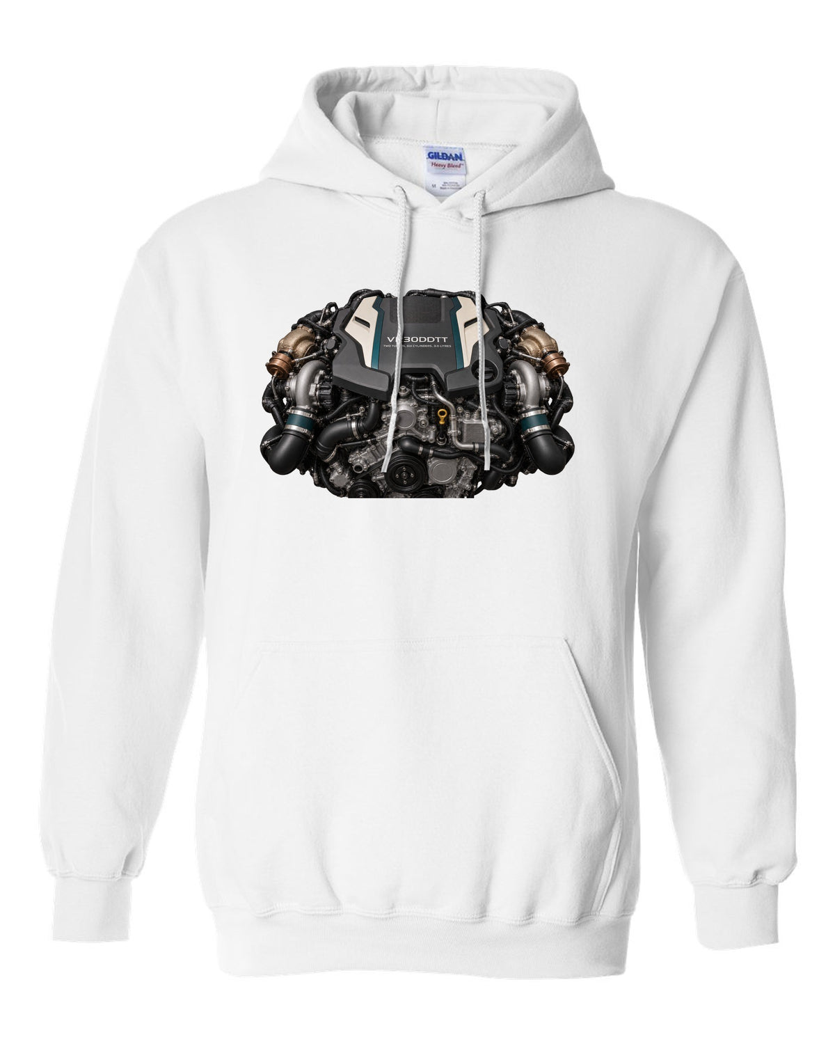 Nissan VR30DDTT 3.0 litre twin-turbo V6 engine bay poster style print white pull over hoodie front view with the design