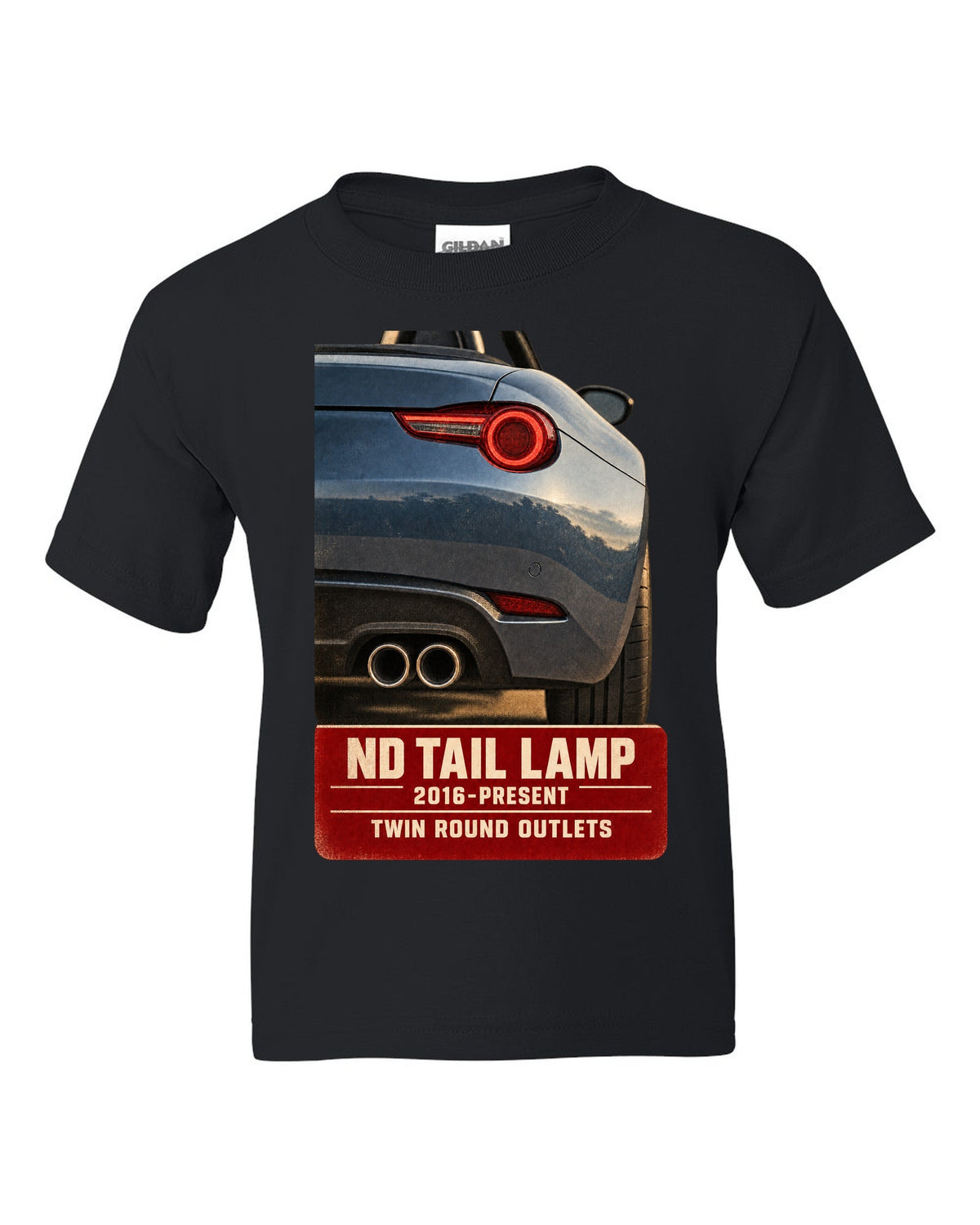 Macro poster-style print of the tail lamp and twin round exhaust outlets on a Mazda MX-5 ND black kids tee front view with the design