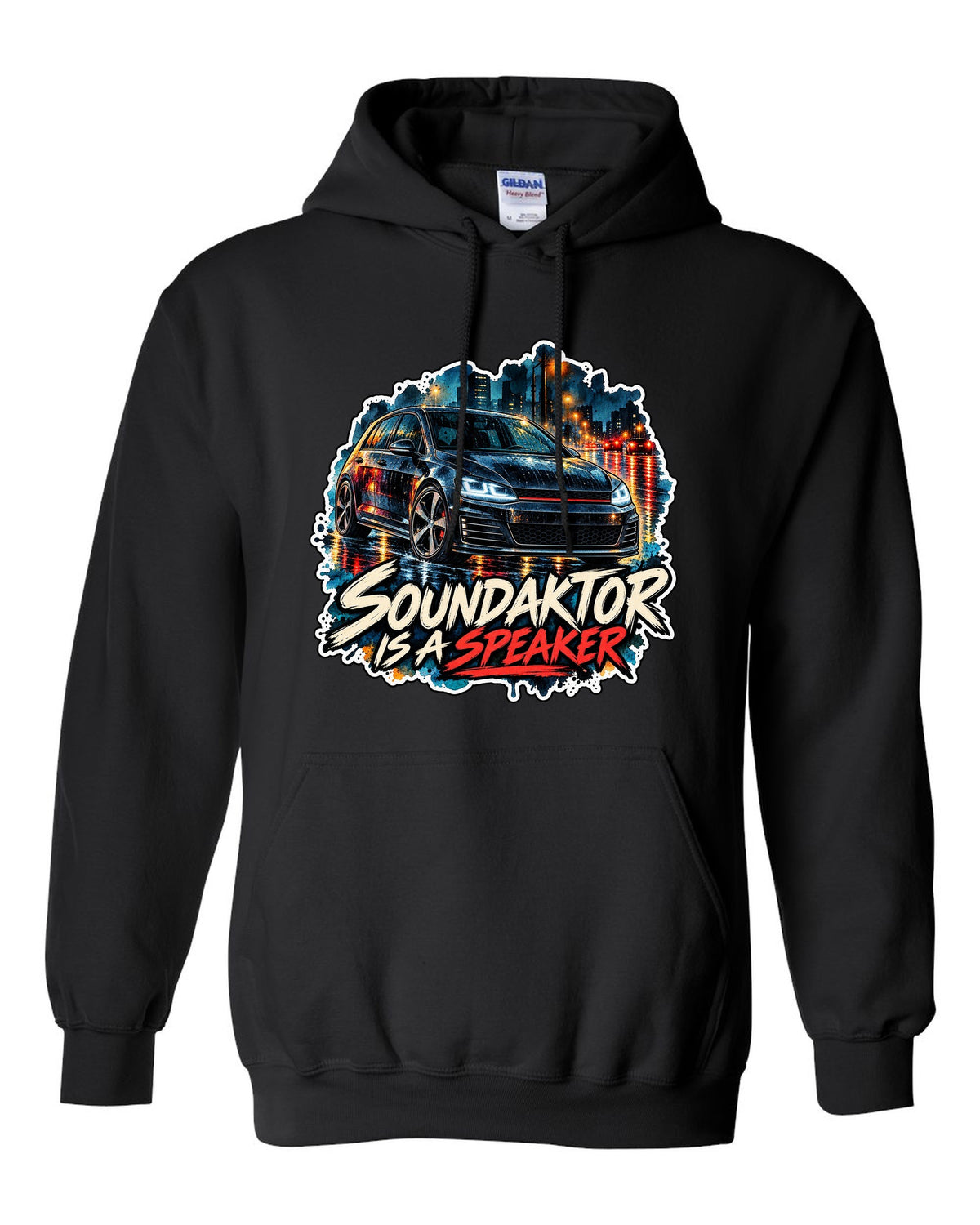 Watercolour wet-road night scene of a VW Golf Mk7 GTI with Soundaktor is a speaker text black pull over hoodie front view with the design