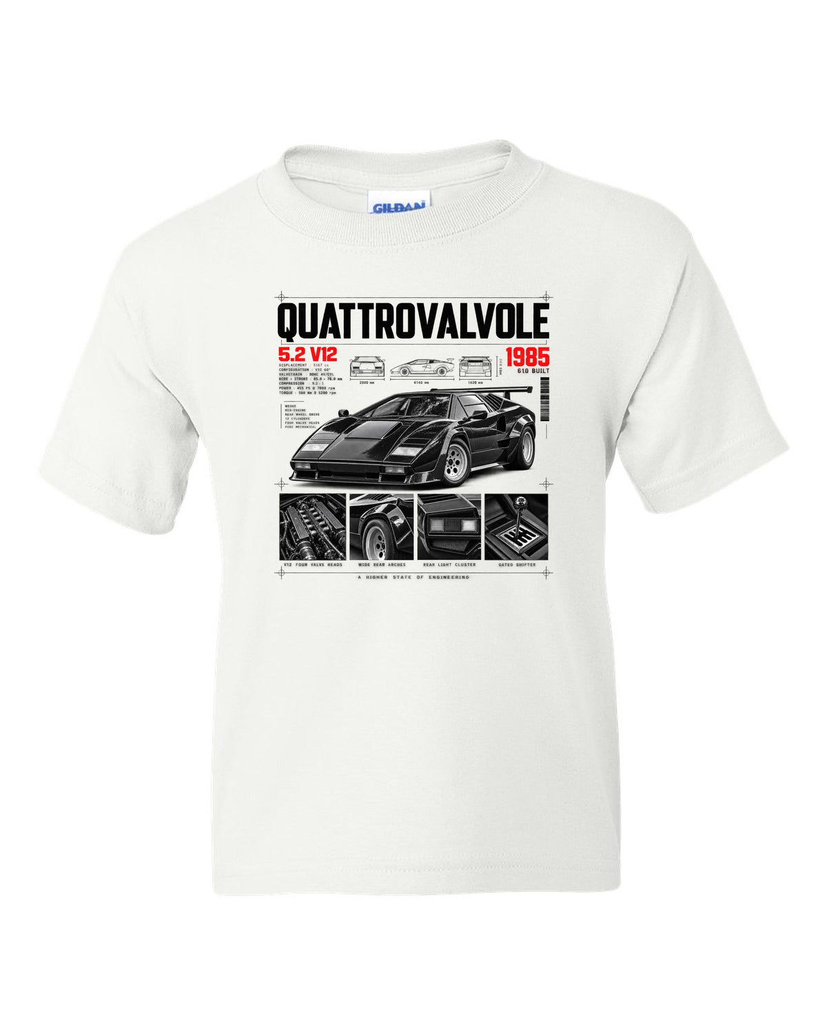 Dossier panel print of a Lamborghini Countach LP5000 QV with 5.2 V12 and 610 built text white kids tee front view with the design