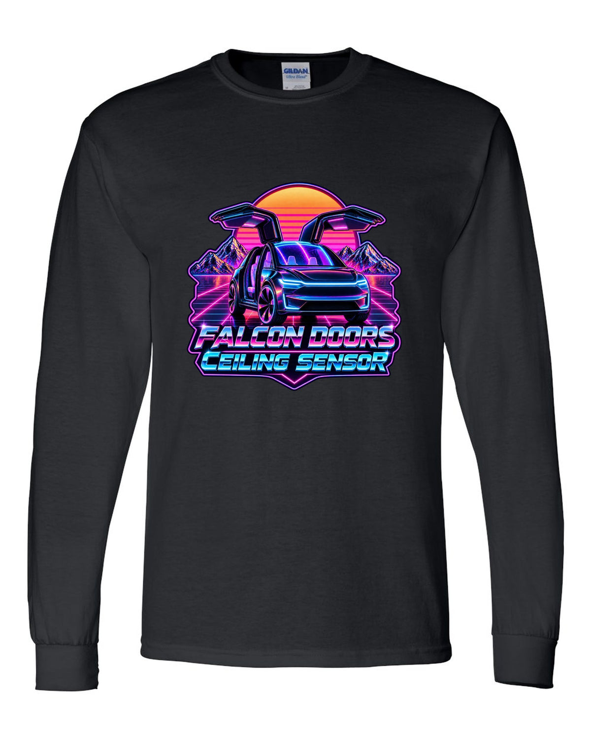 Synthwave outrun print of a Tesla Model X with falcon doors reading Falcon Doors Ceiling Sensor black long sleeve front view with the design