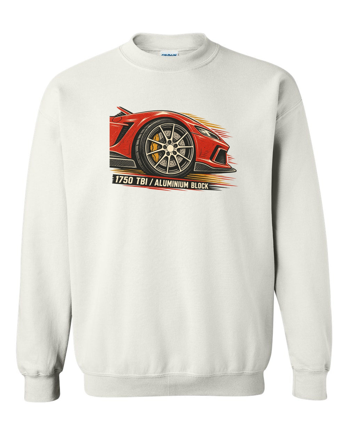 Multi-ink linocut illustration of an Alfa Romeo 4C with 1750 TBI aluminium block text white crewneck front view with the design