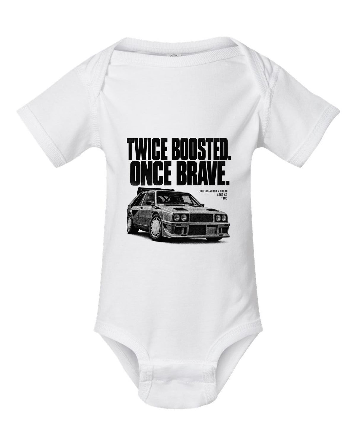 Halftone print of a Lancia Delta S4 with supercharged and turbo lettering white baby onesie front view with the design