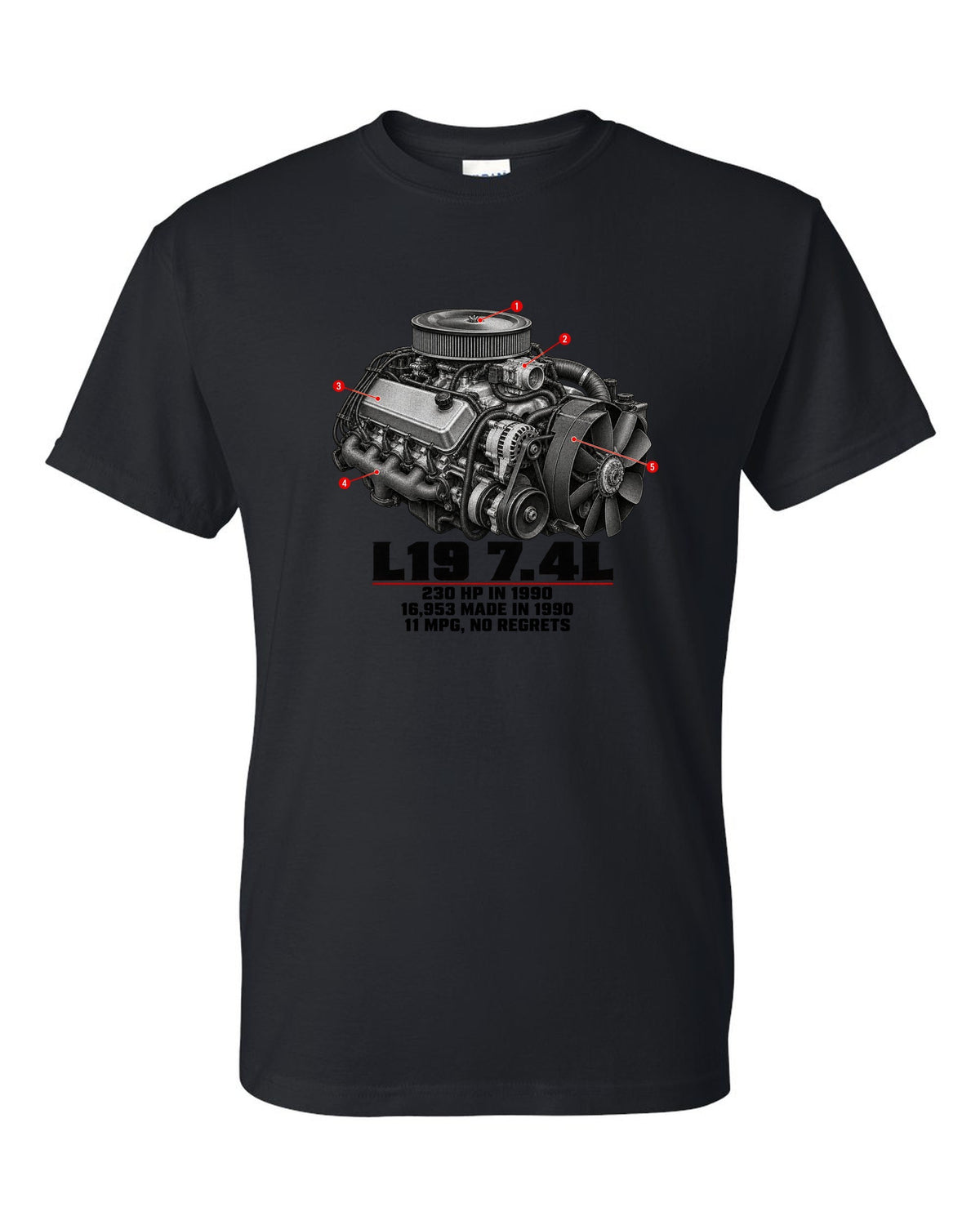 Engine print of a 1990-93 Chevrolet 454 SS pickup with L19 7.4L and 230 HP text black t-shirt front view with the design
