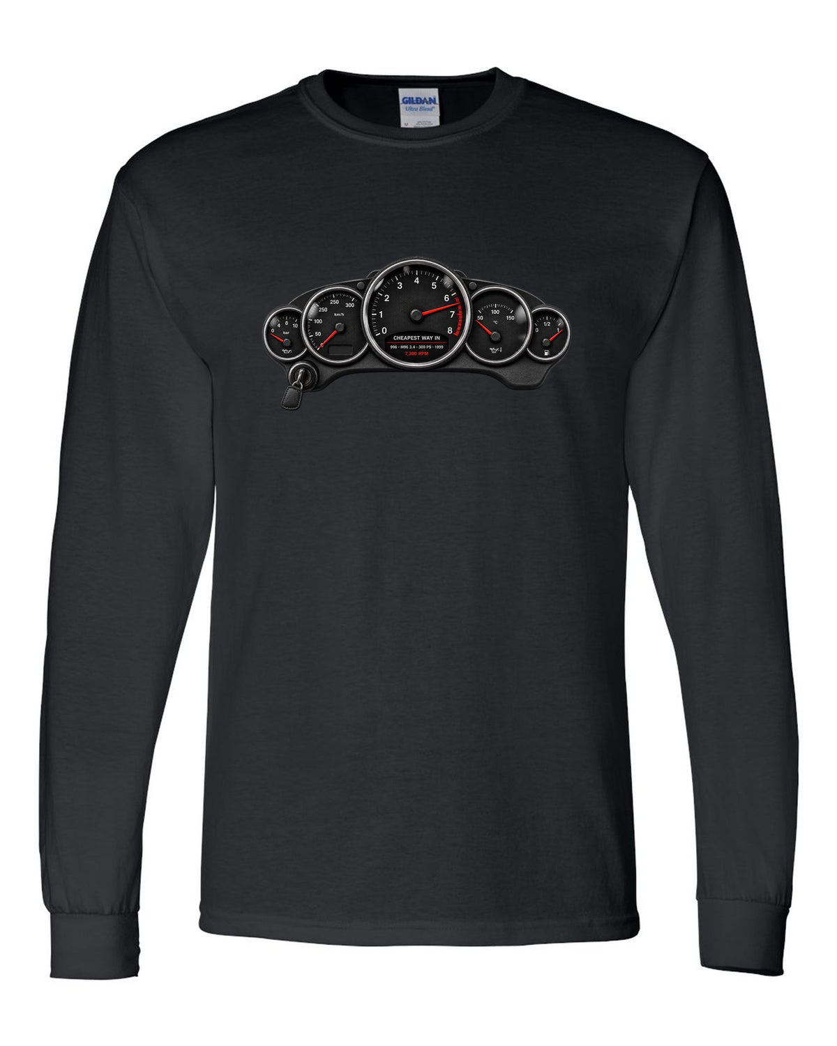Cockpit gauge print of a Porsche 911 Carrera (996) with the caption Cheapest Way In and 7,300 rpm black long sleeve front view with the design