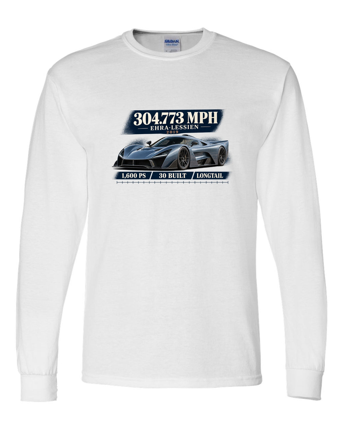Bugatti Chiron Super Sport 300+ archive panel print with 304.773 mph record white long sleeve front view with the design