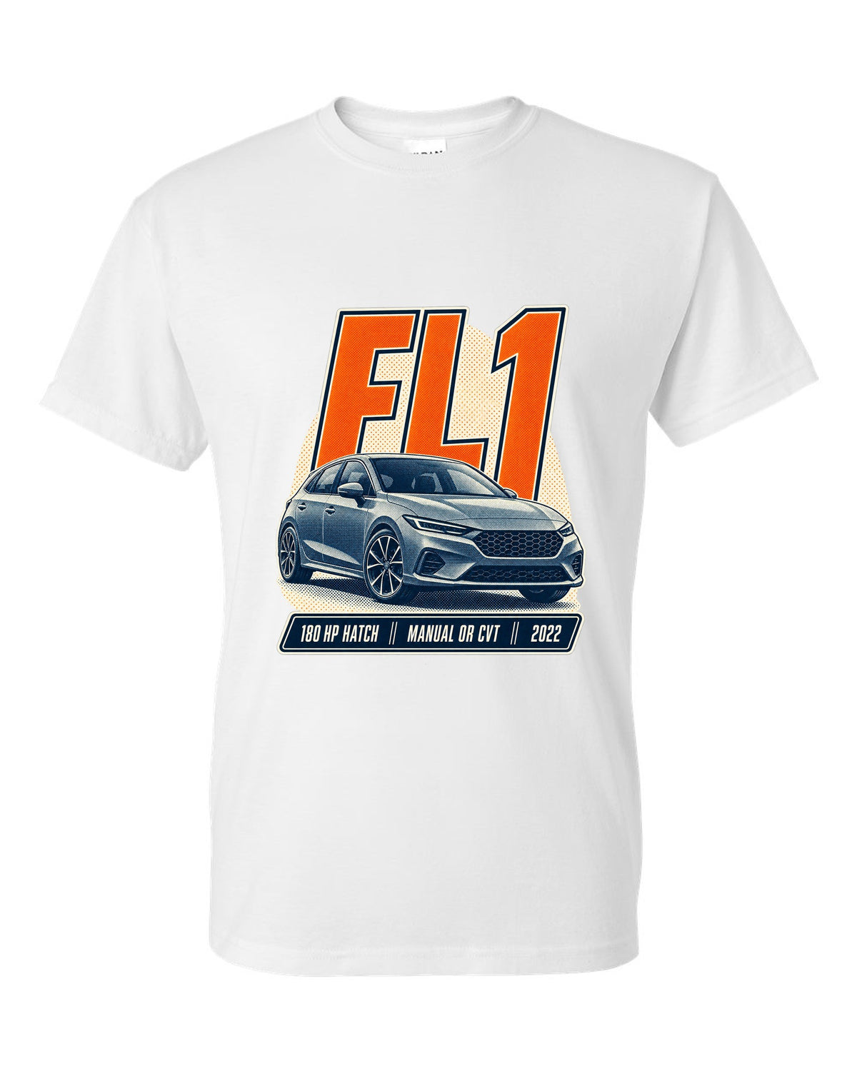Honda Civic chback FL1 halftone front three-quarter print white t-shirt front view with the design