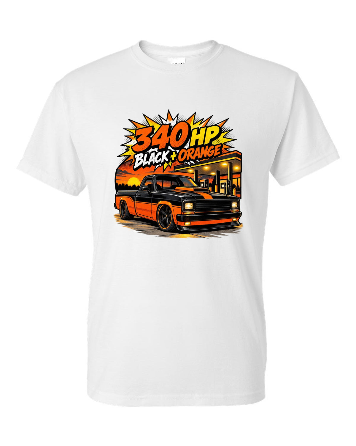 Ford F-150 SVT Lightning Harley edition in a comic halftone pop-art print white t-shirt front view with the design