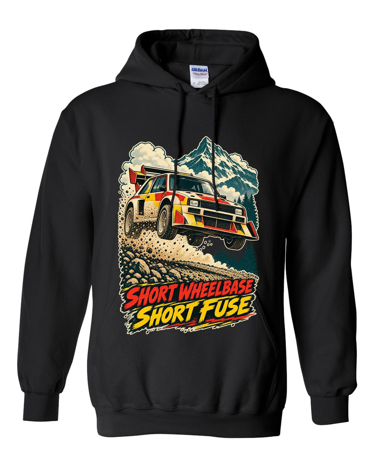 Vintage race-poster lithograph print of a 1985 Audi Sport Quattro S1 E2 with Short Fuse lettering black pull over hoodie front view with the design