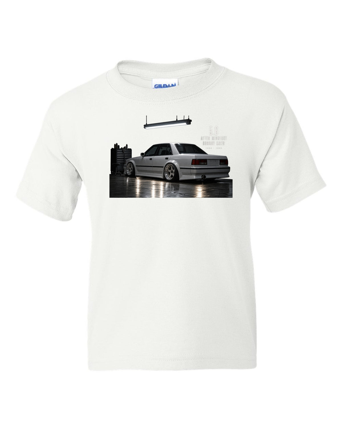 print of a Mercedes W124 300E 5.6 Hammer in a night garage with the text 5.6 After Midnight Nobody Knew white kids tee front view with the design