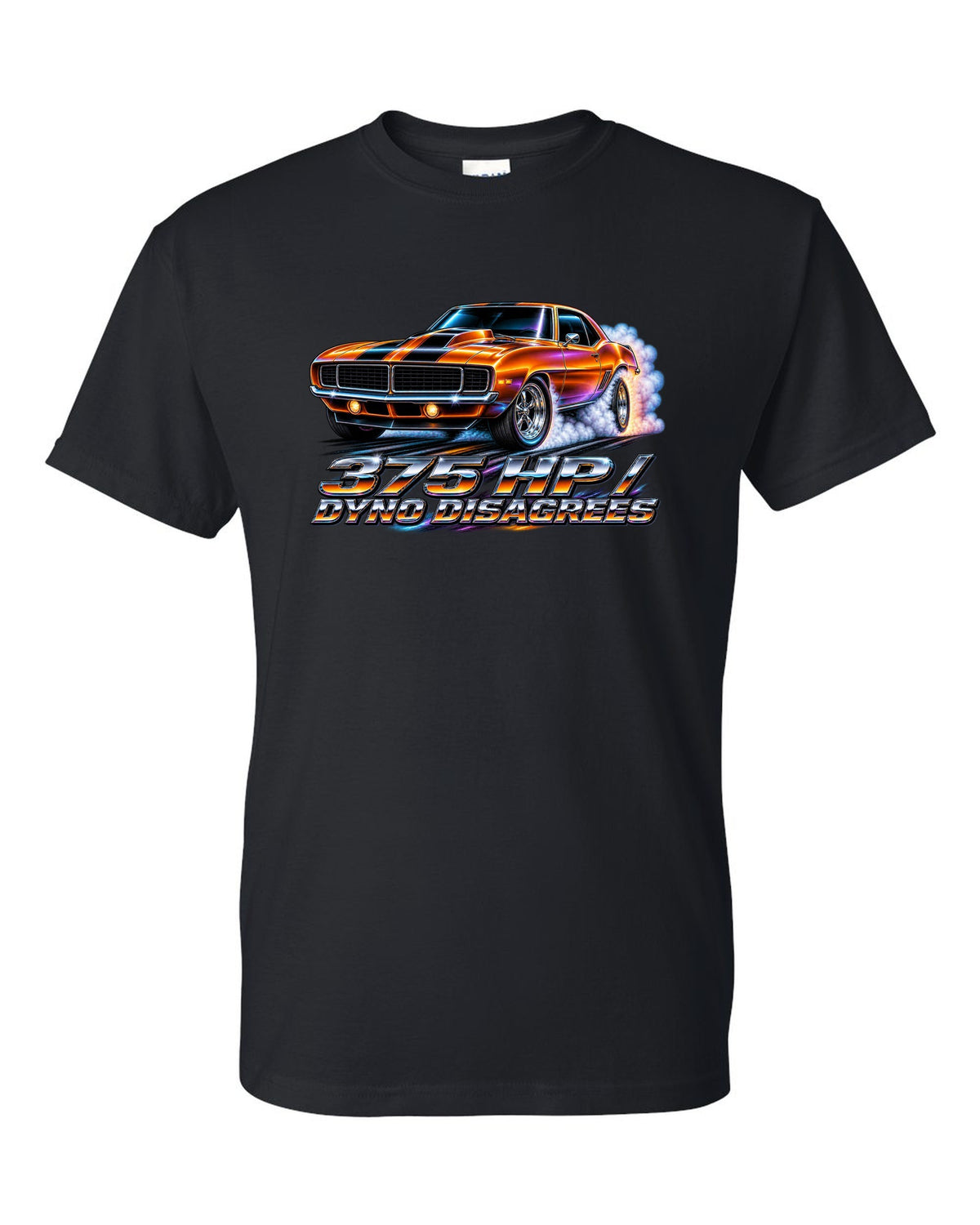 1969 Camaro SS 396 doing a burnout in 80s airbrush chrome style with text 375 HP Dyno Disagrees black t-shirt front view with the design
