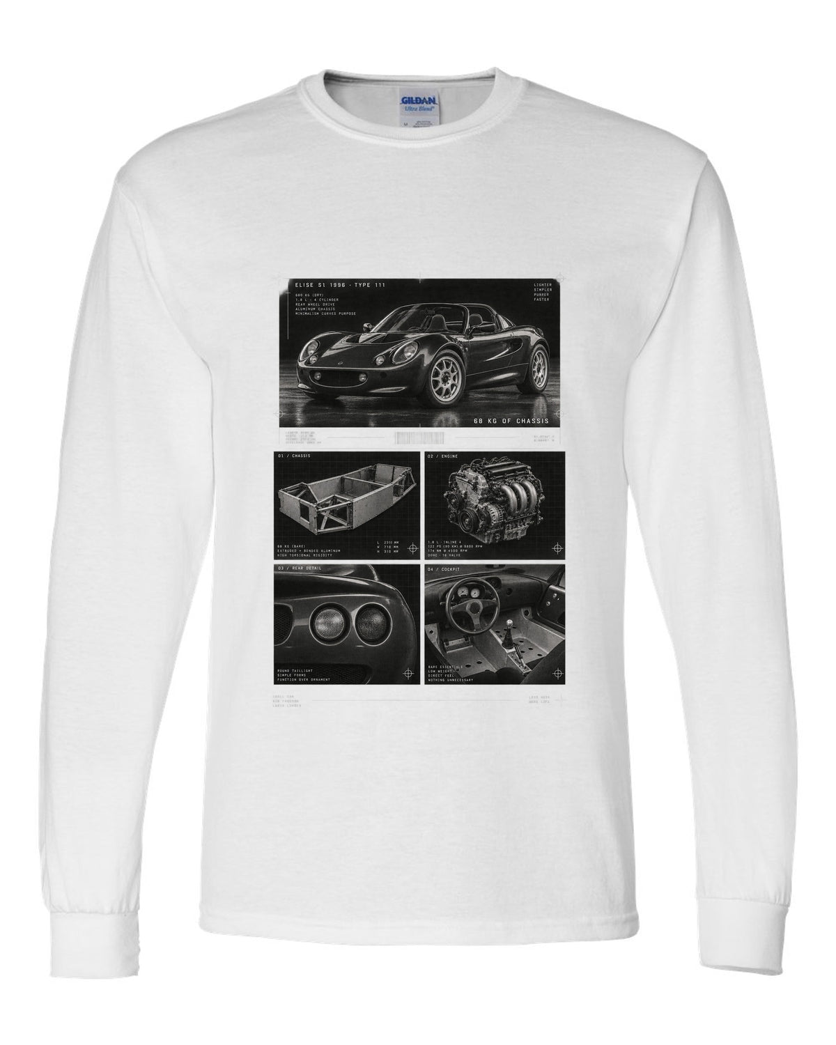 Dossier panel print of a 1996 Lotus Elise S1 Type 111 with 68 kg of chassis text white long sleeve front view with the design