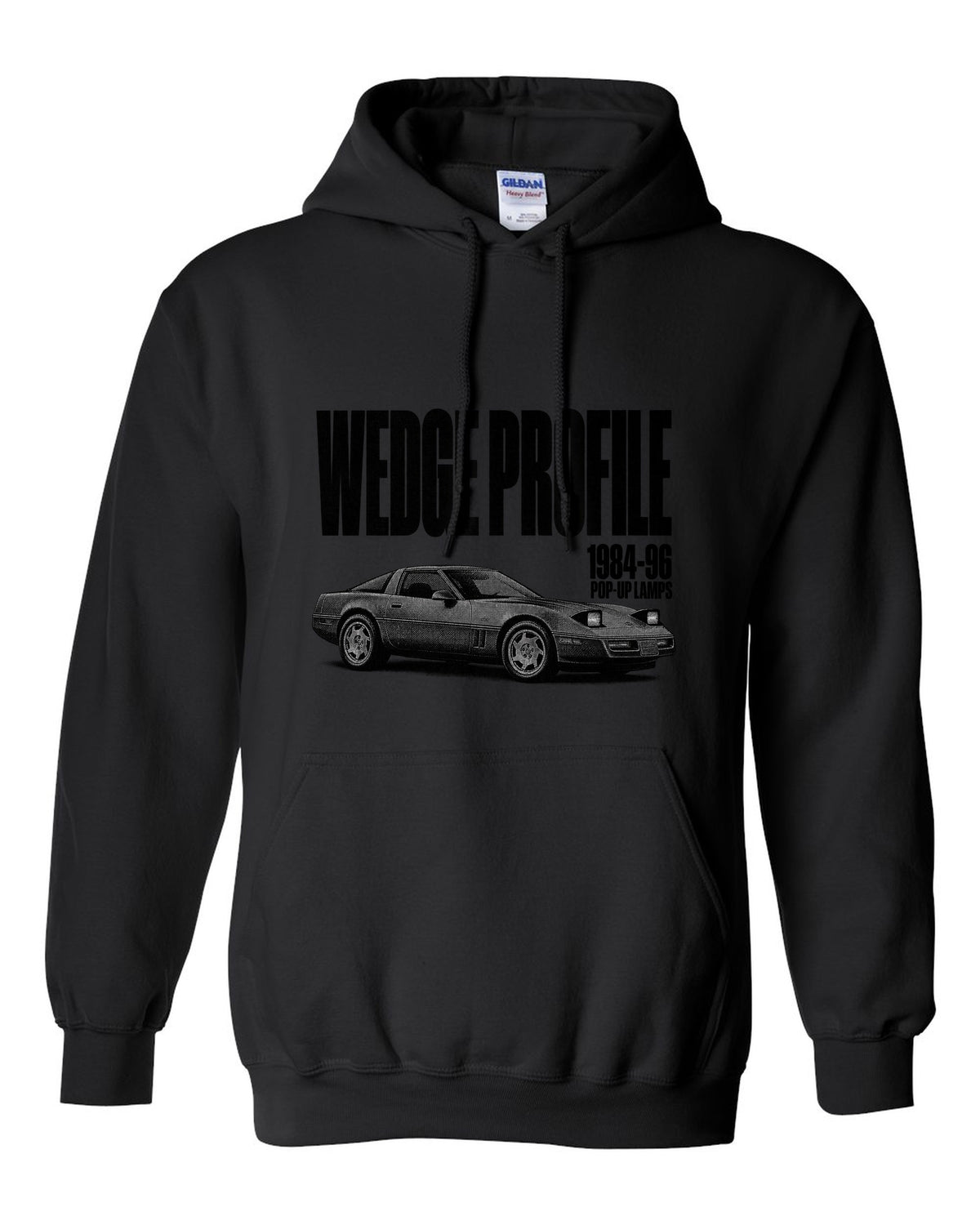 Chevrolet Corvette C4 1989 coupe wedge profile halftone print black pull over hoodie front view with the design