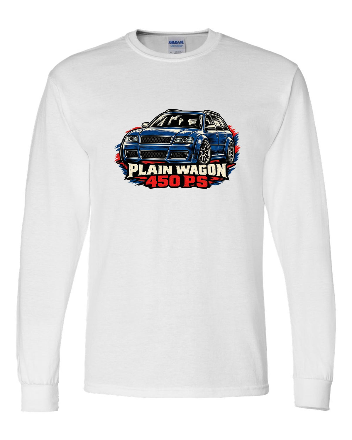 Linocut woodcut design of the Audi RS6 Avant C5 4B with plain wagon and 450 PS lettering white long sleeve front view with the design