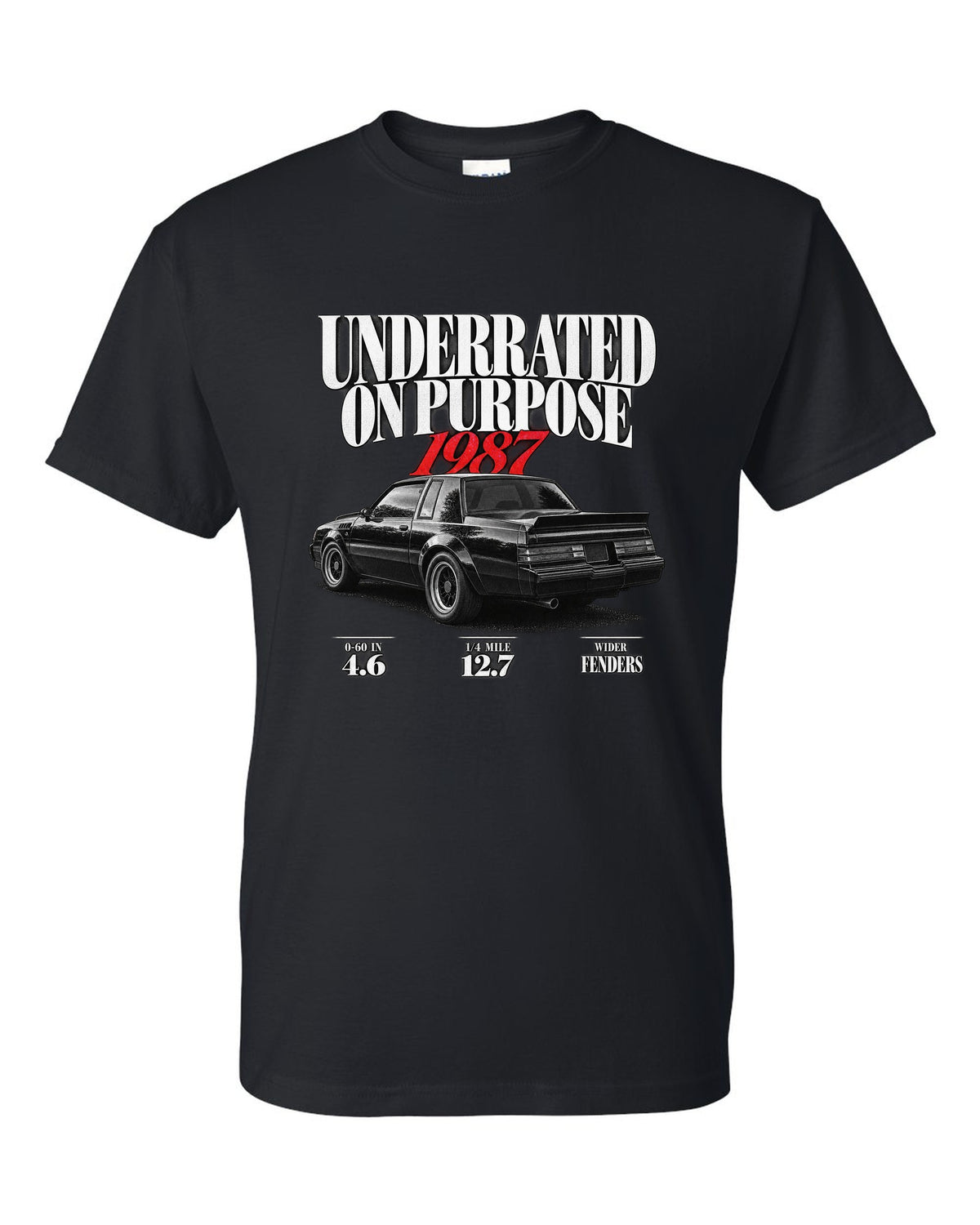 1987 Buick GNX editorial headline print with performance figures black t-shirt front view with the design
