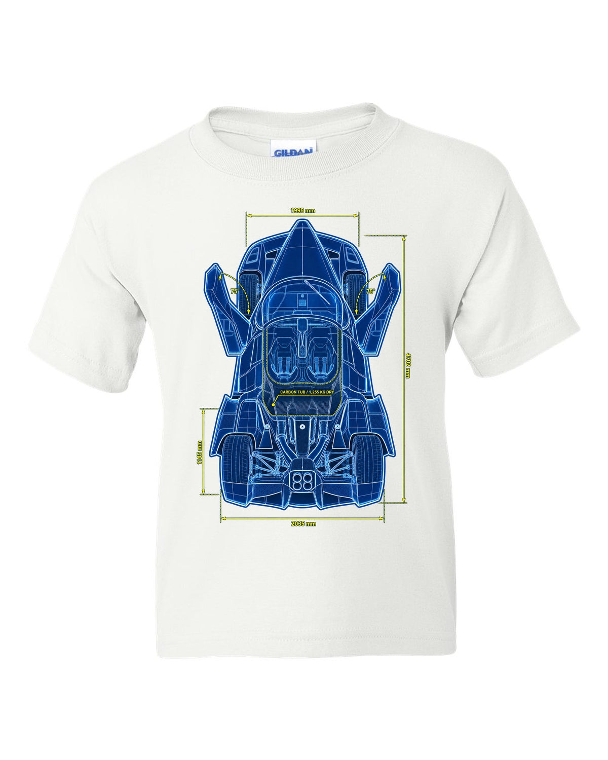 Technical top-plan blueprint print of a 2002 Ferrari Enzo F140 with carbon tub and 1,255 KG dry text white kids tee front view with the design