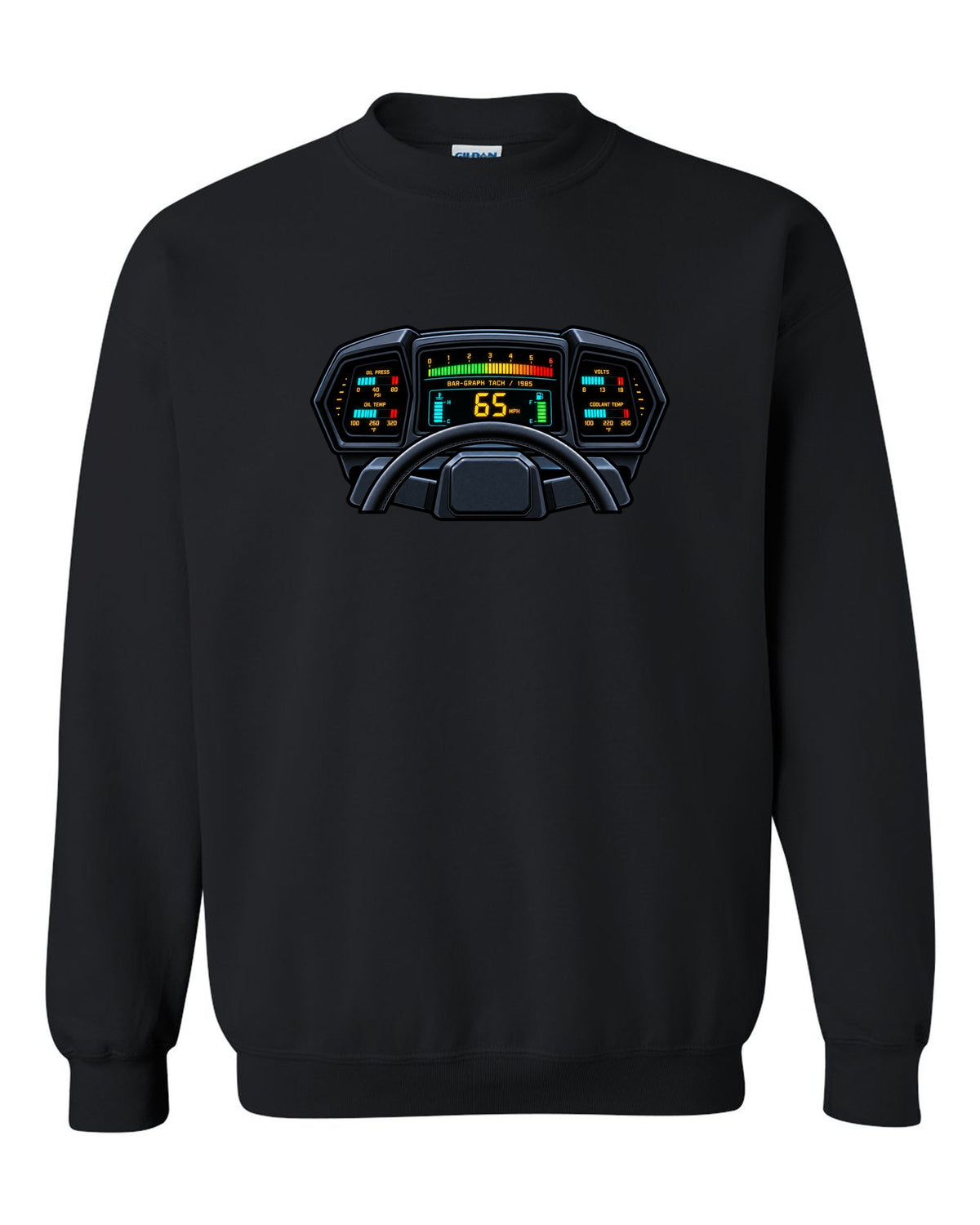 Gauge cluster HUD style print of a 1985 Chevrolet Corvette C4 digital dash with bar-graph tach black crewneck front view with the design