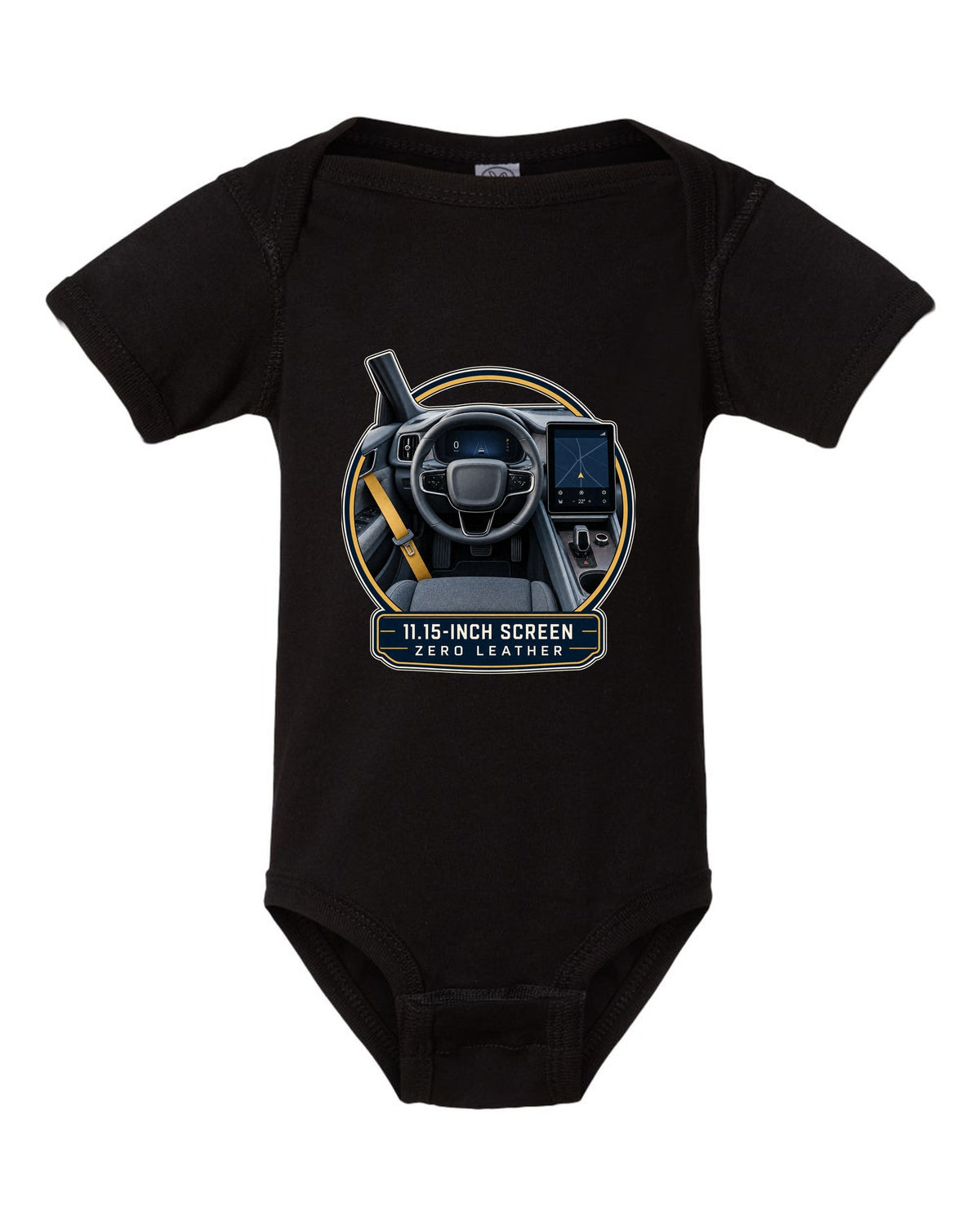 Polestar 2 cockpit with large centre screen, print design black baby onesie front view with the design