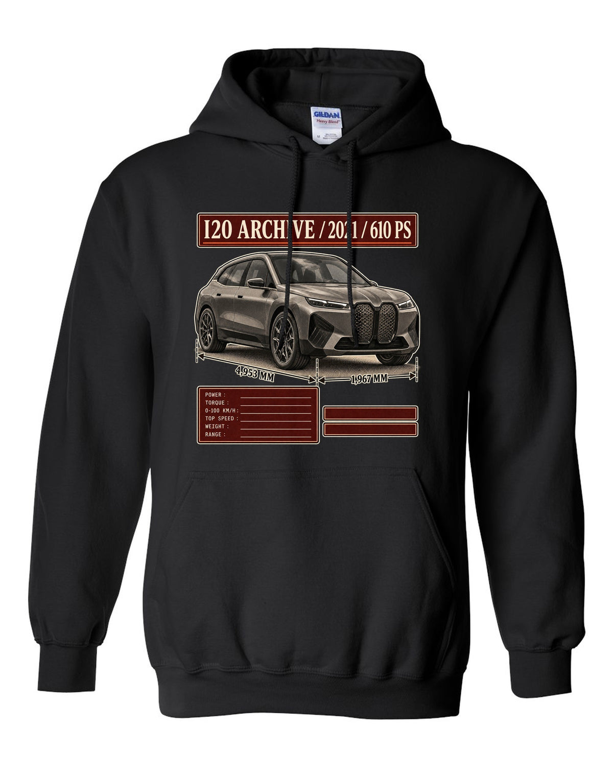 Archive panel print of the BMW iX M60 I20 with 2021 and 610 PS black pull over hoodie front view with the design