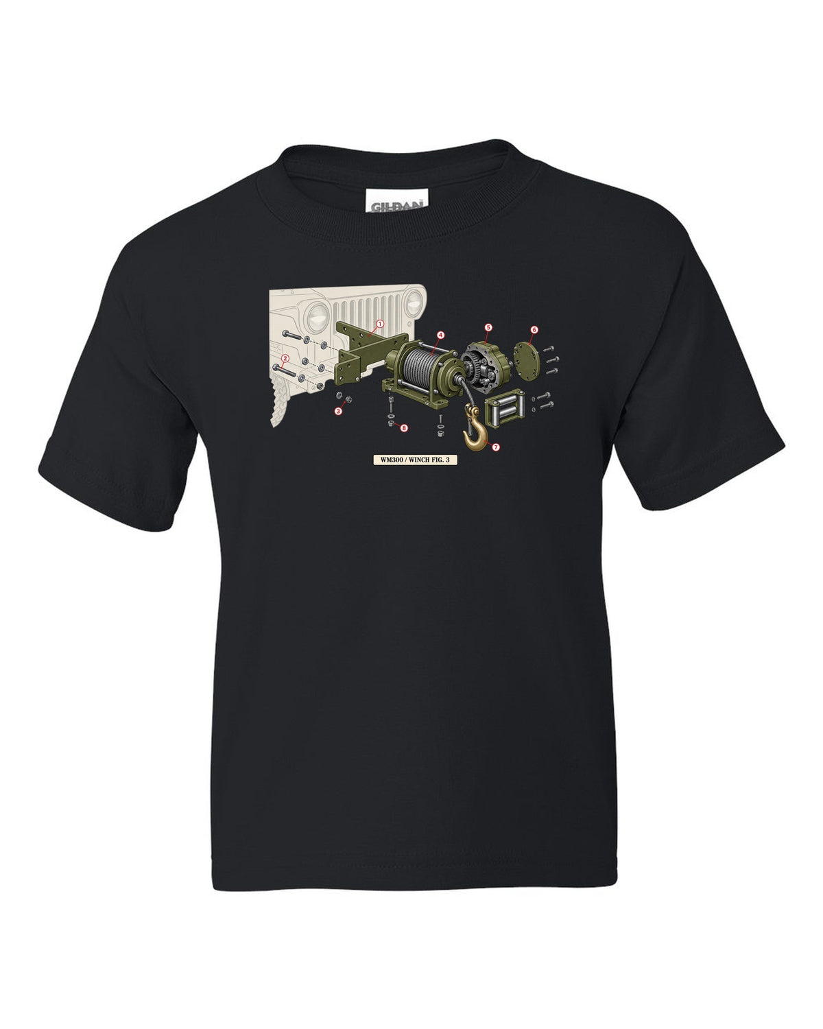 Exploded diagram print of a Dodge Power Wagon WM300 front winch labelled Fig. 3 black kids tee front view with the design