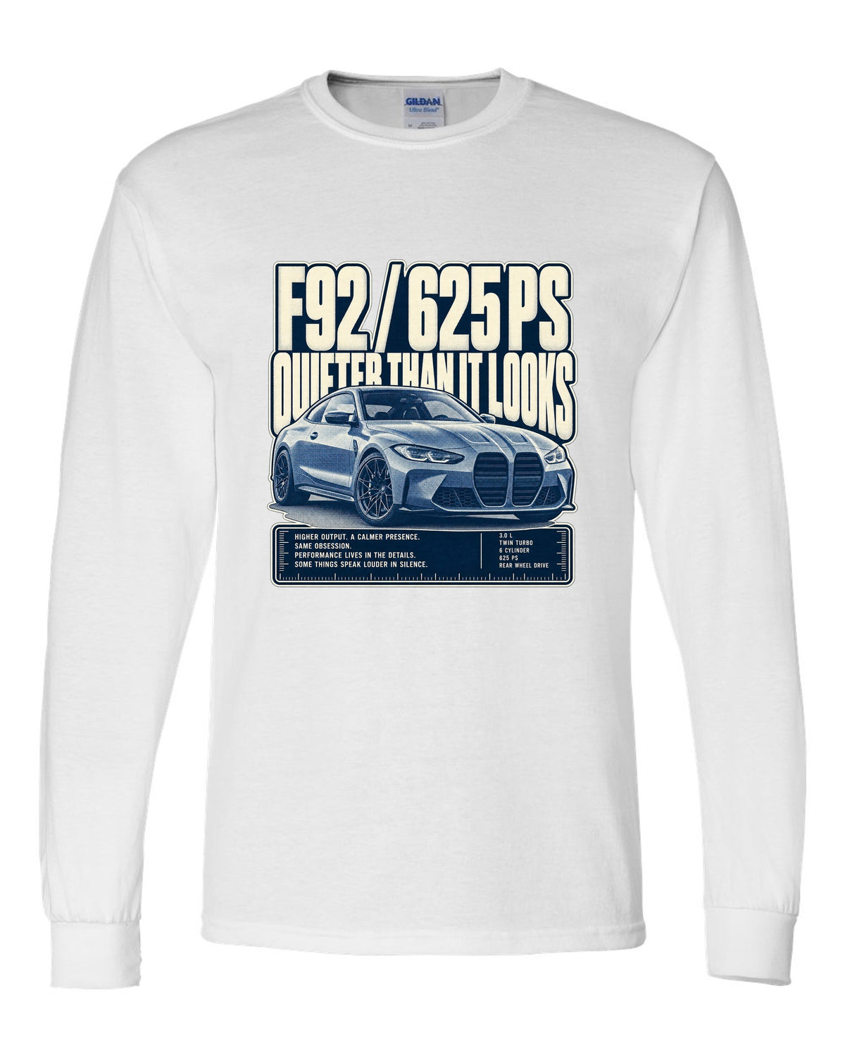 BMW M8 Competition F92 halftone statement print on a tee white long sleeve front view with the design