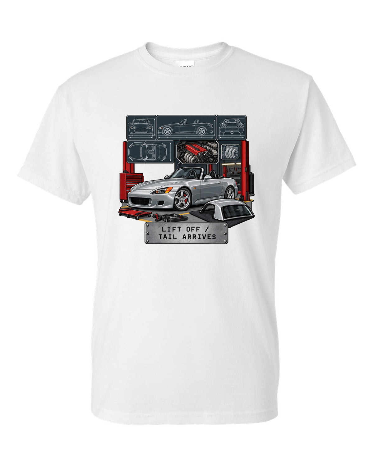 Spec sheet data plate print of a 1999 Honda S2000 AP1 roadster with lift off tail arrives text white t-shirt front view with the design