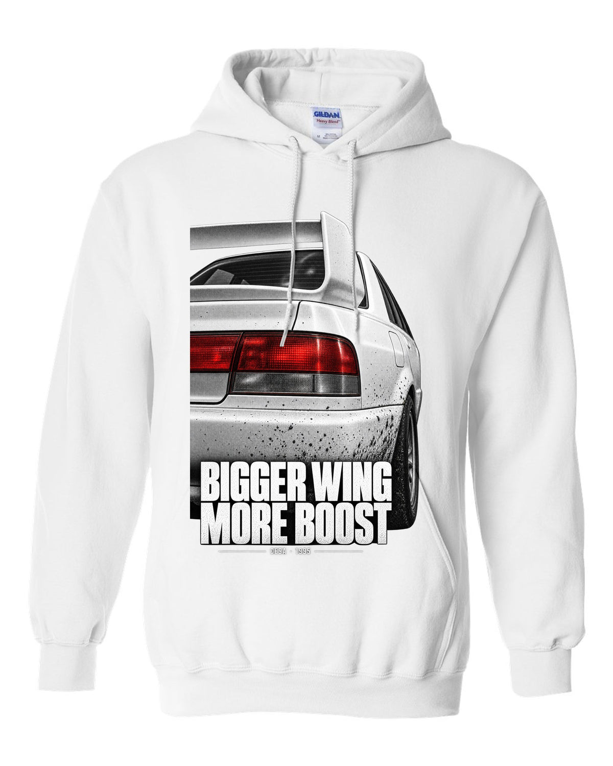 Tail and wing macro print for the Mitsubishi Lancer Evolution III CE9A reading Bigger Wing, More Boost white pull over hoodie front view with the design